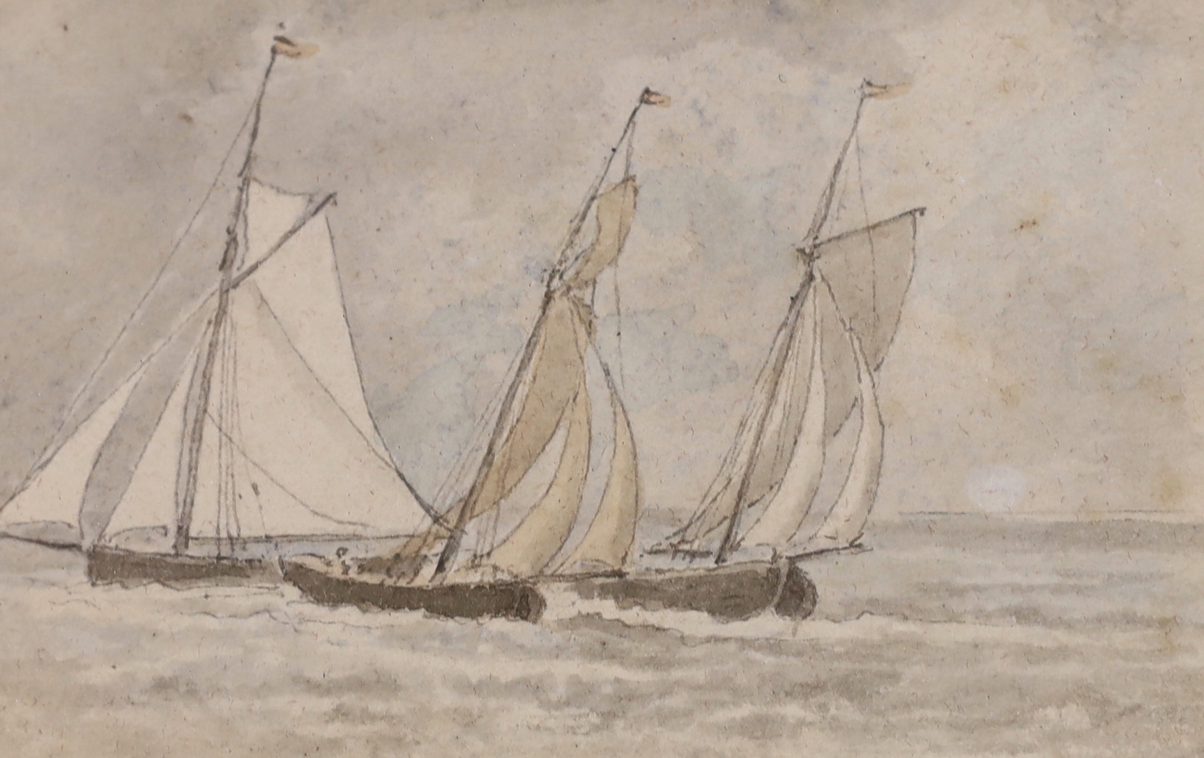 John White Abbott (1763–81851), ink and watercolour, three sailing boats in a strong wind, 5.4 x 8.4cm, exhibited Fine Art Society, label for Abbott and Holder                                                             