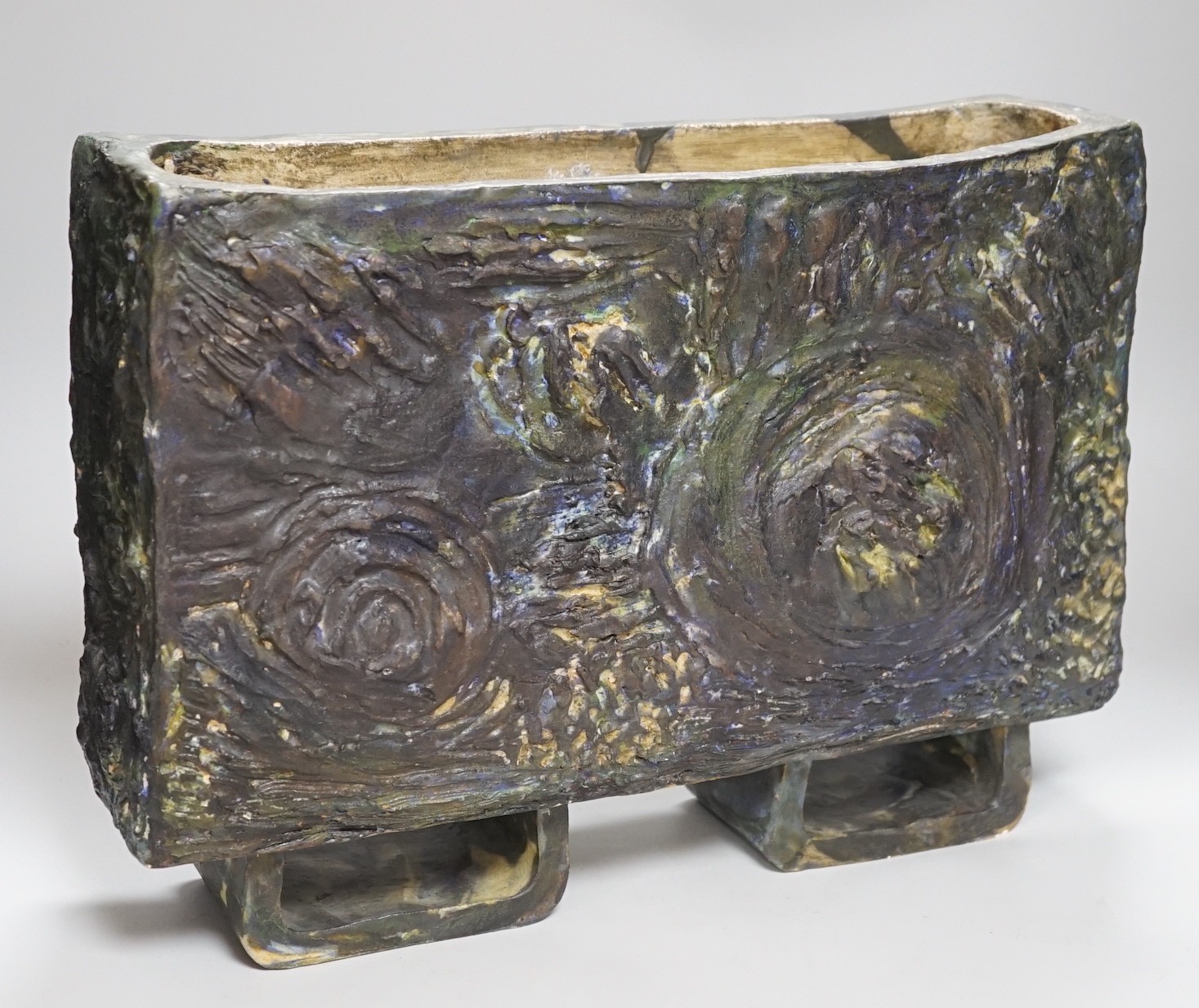 Ruth Sulke - a studio pottery rectangular mounted abstract trough, 31cms high x 44cms wide                                                                                                                                  