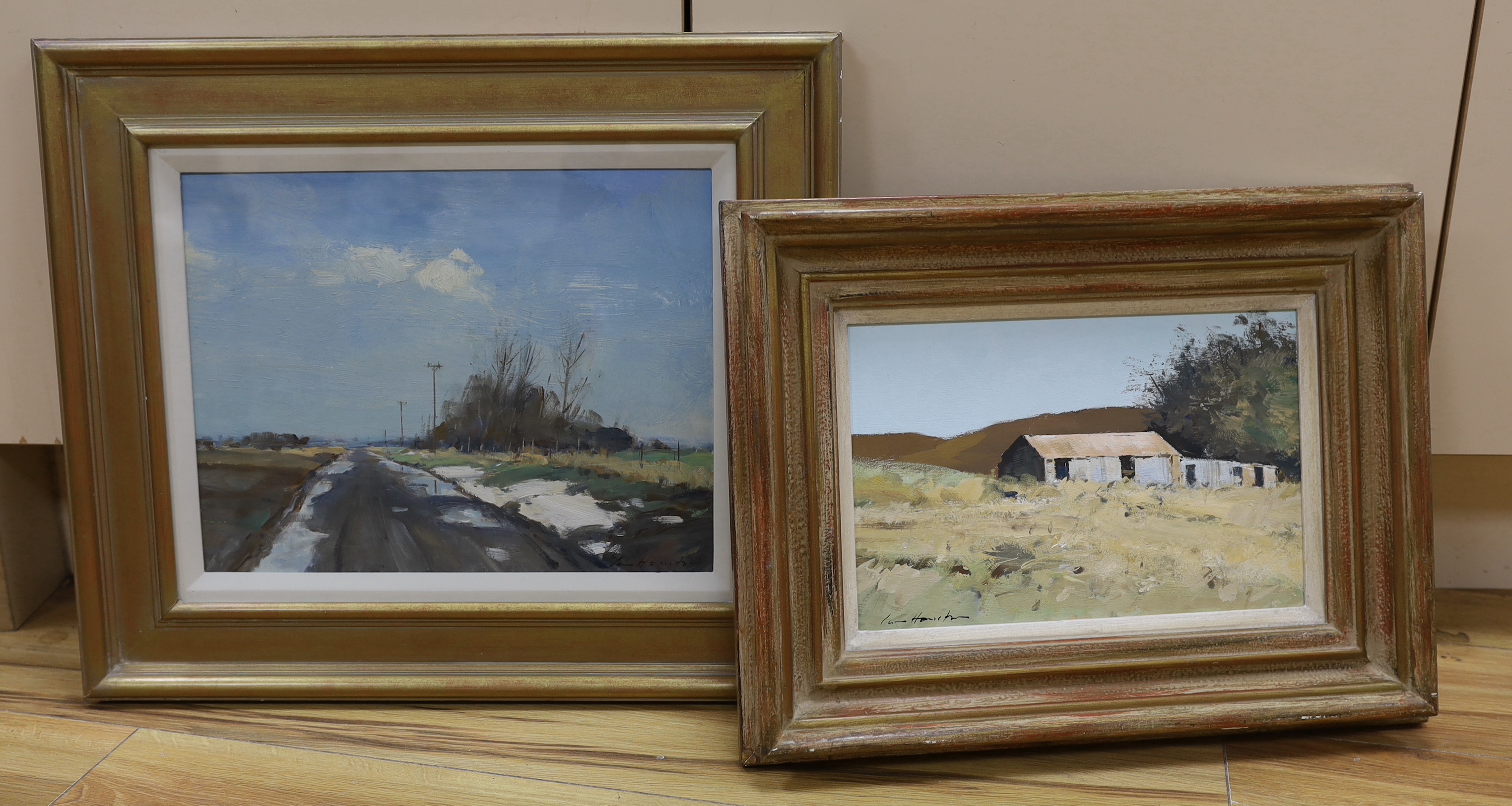 Ian Houston (1934-2021), two oils on board, 'The Road Ahead' (the road beside Royal St George's Golf Course, Sandwich, Kent), and 'A Byre on the Isle of Skye', both signed, 26 x 34cm and 19 x 28cm                        