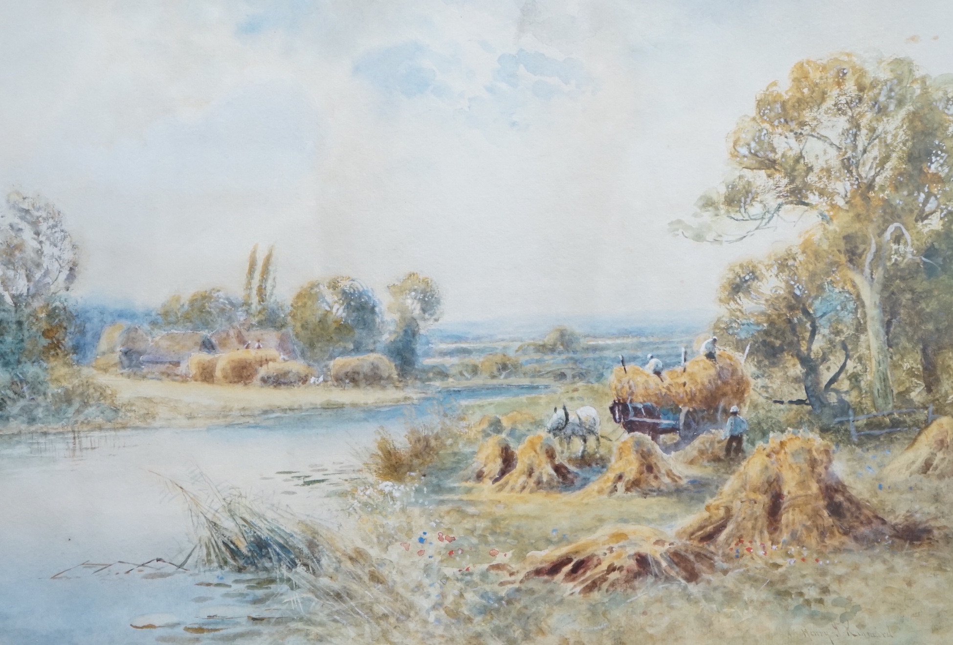 Henry John Kinnaird (fl.1880-1920), River landscape with hayricks, signed, details verso, 50 x 35cm                                                                                                                         