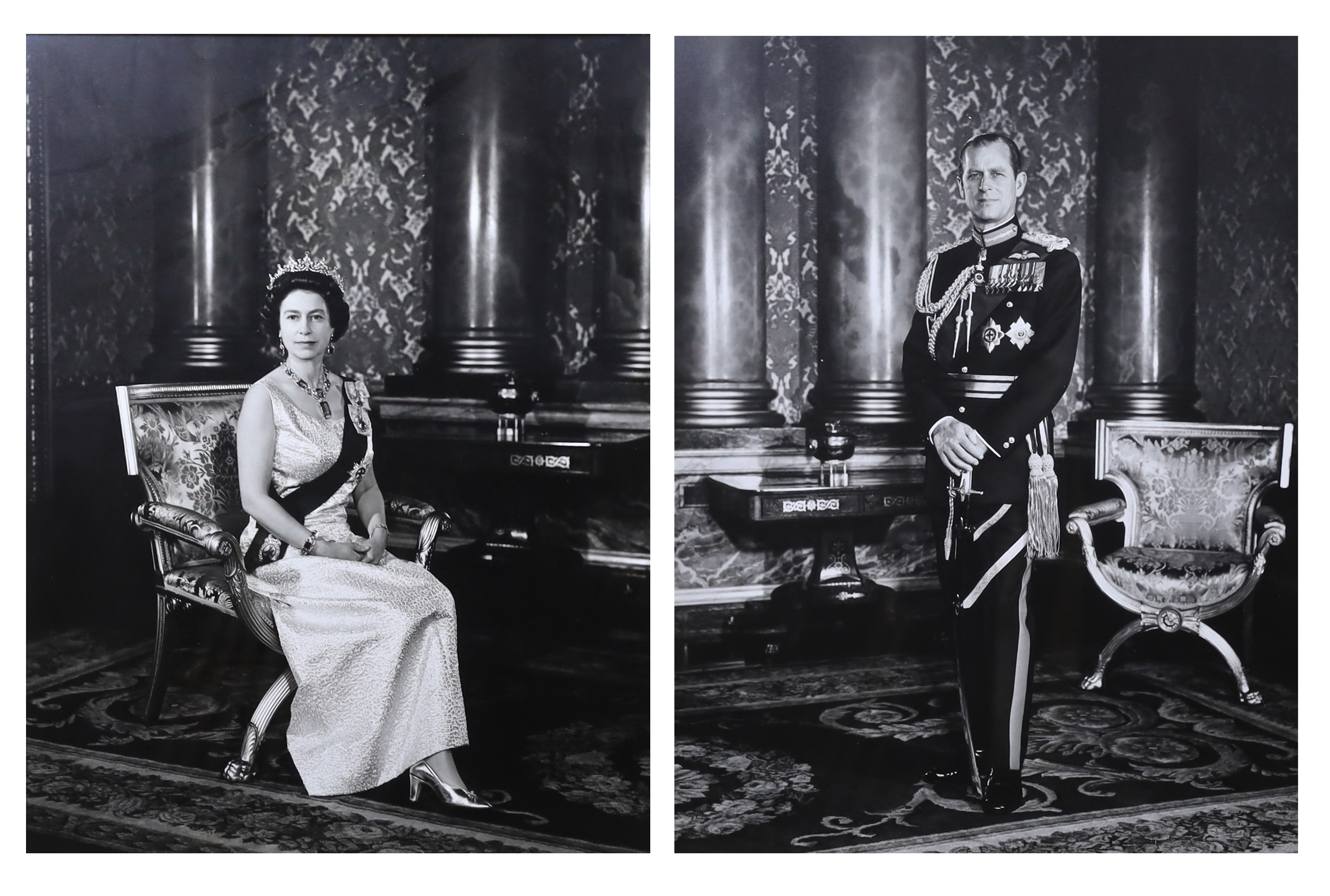 Anthony Buckley (British, 1912-1993) A pair of framed black and white portrait photographs of Queen Elizabeth II and Prince Philip, photographs 51 x 39cm, frames overall 69 x 51cm                                         