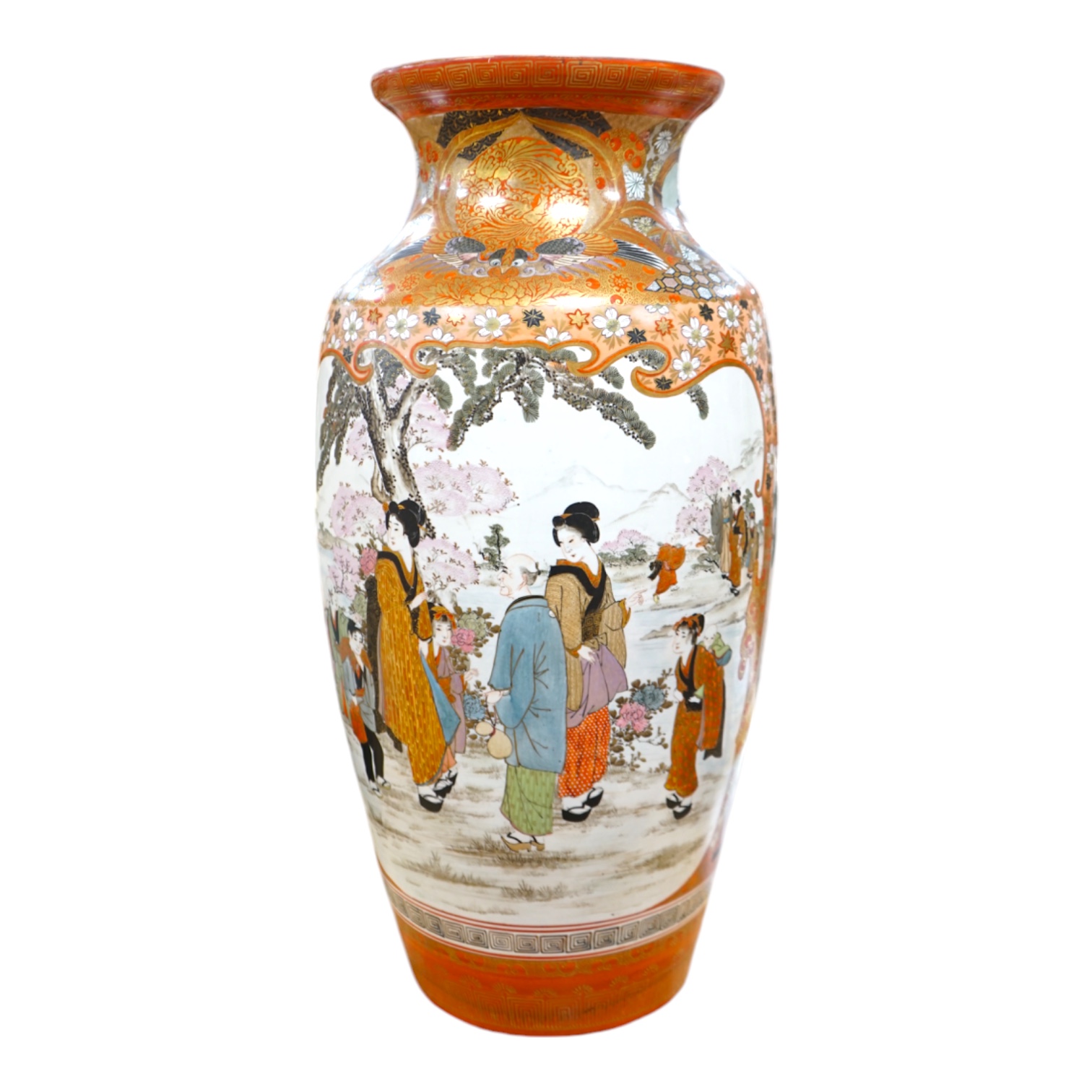 A massive Japanese kutani vase, hand painted with figures, quails and flowers, signed to the base, 61cm high. Condition - good                                                                                              