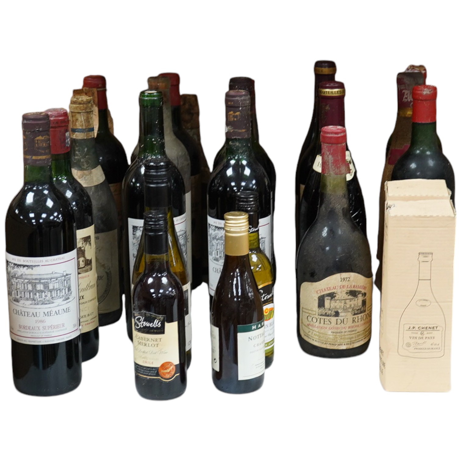 Twenty-five bottles and half bottles of wine, including; four bottles of Chateau Meaume 1986 Bordeaux Superior, a bottle of 1982 Chateau Montbrun Margaux, a Harveys Bourgogne Aligote 1970, etc. Condition - poor to fair  