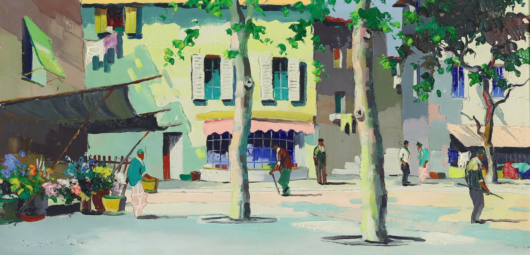 Cecil Rochfort D'Oyly John (British, 1906-1993), 'Near Flower Market in Cannes, South of France', oil on canvas, 35 x 70cm                                                                                                  