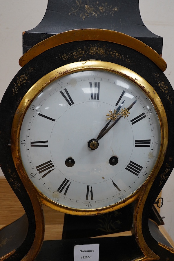 A late 19th century French lacquered bracket clock with stand and winder, 62cm excl stand. Condition - poor                                                                                                                 