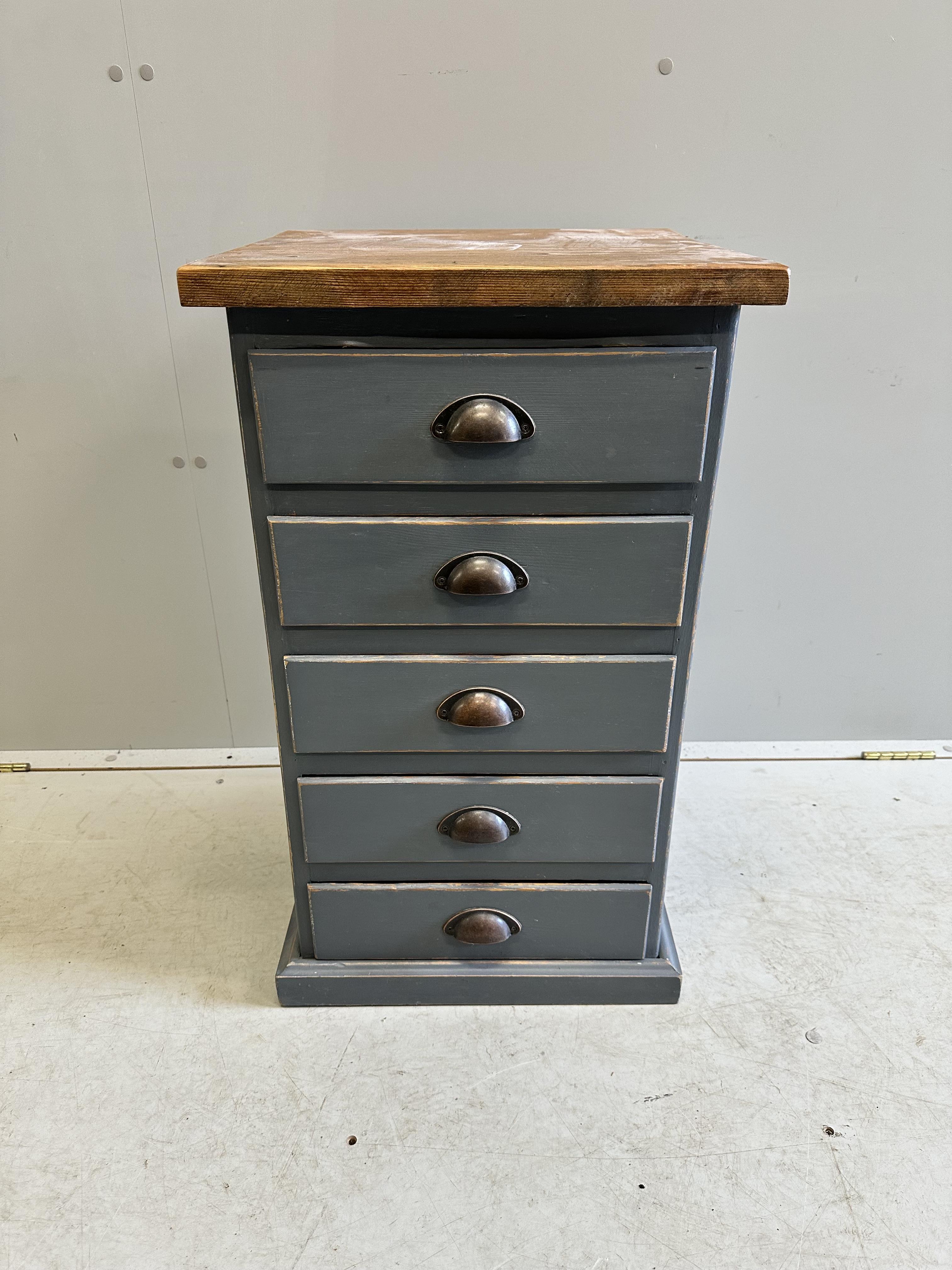 A small painted pine five drawer chest, width 43cm, depth 41cm, height 72cm                                                                                                                                                 