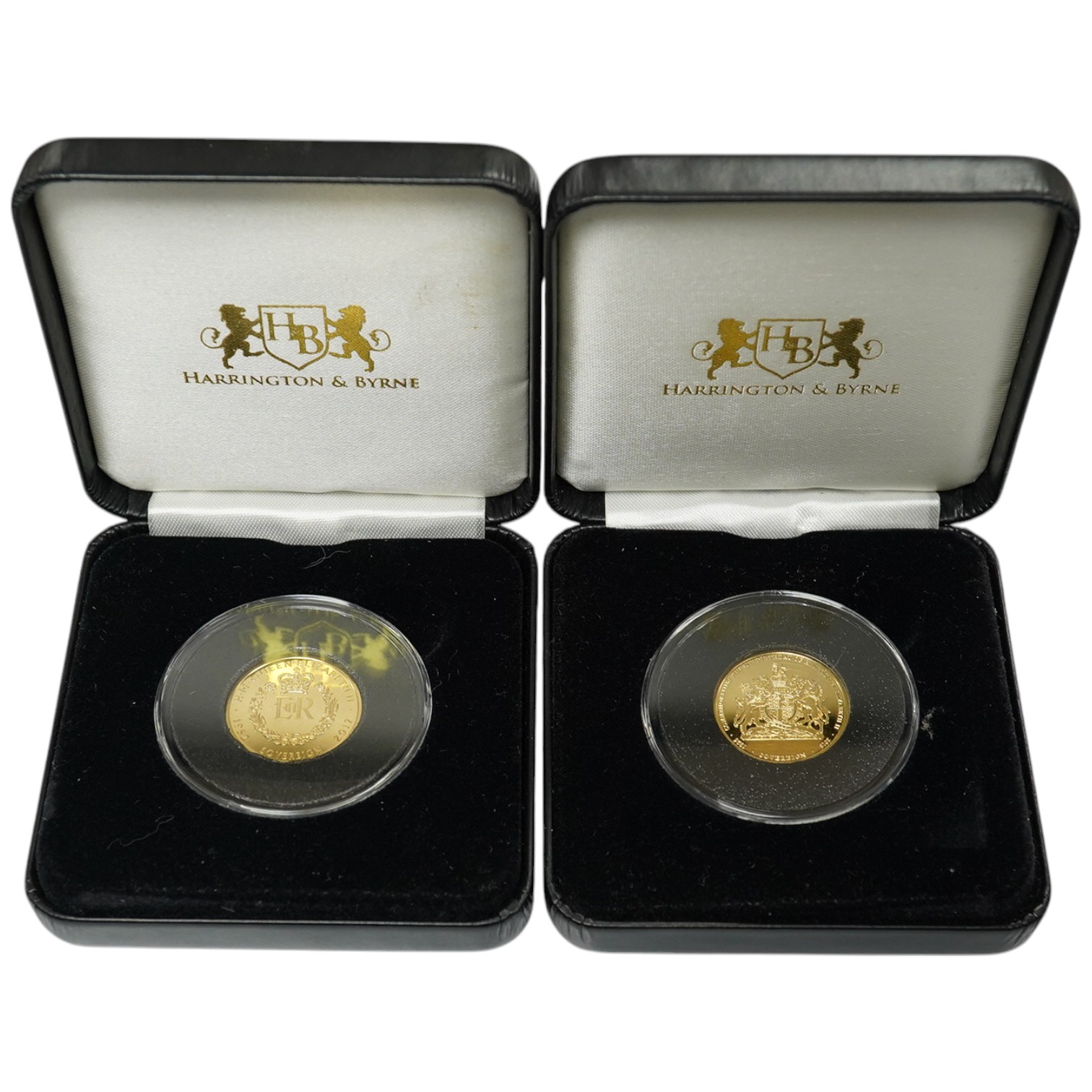 Gold coins, two Tristan de Cunha gold proof sovereigns, commemorating Queens 90th birthday 2016 and Sapphire Jubilee 2017, each in Harrington and Byrne case of issue with certificate                                      