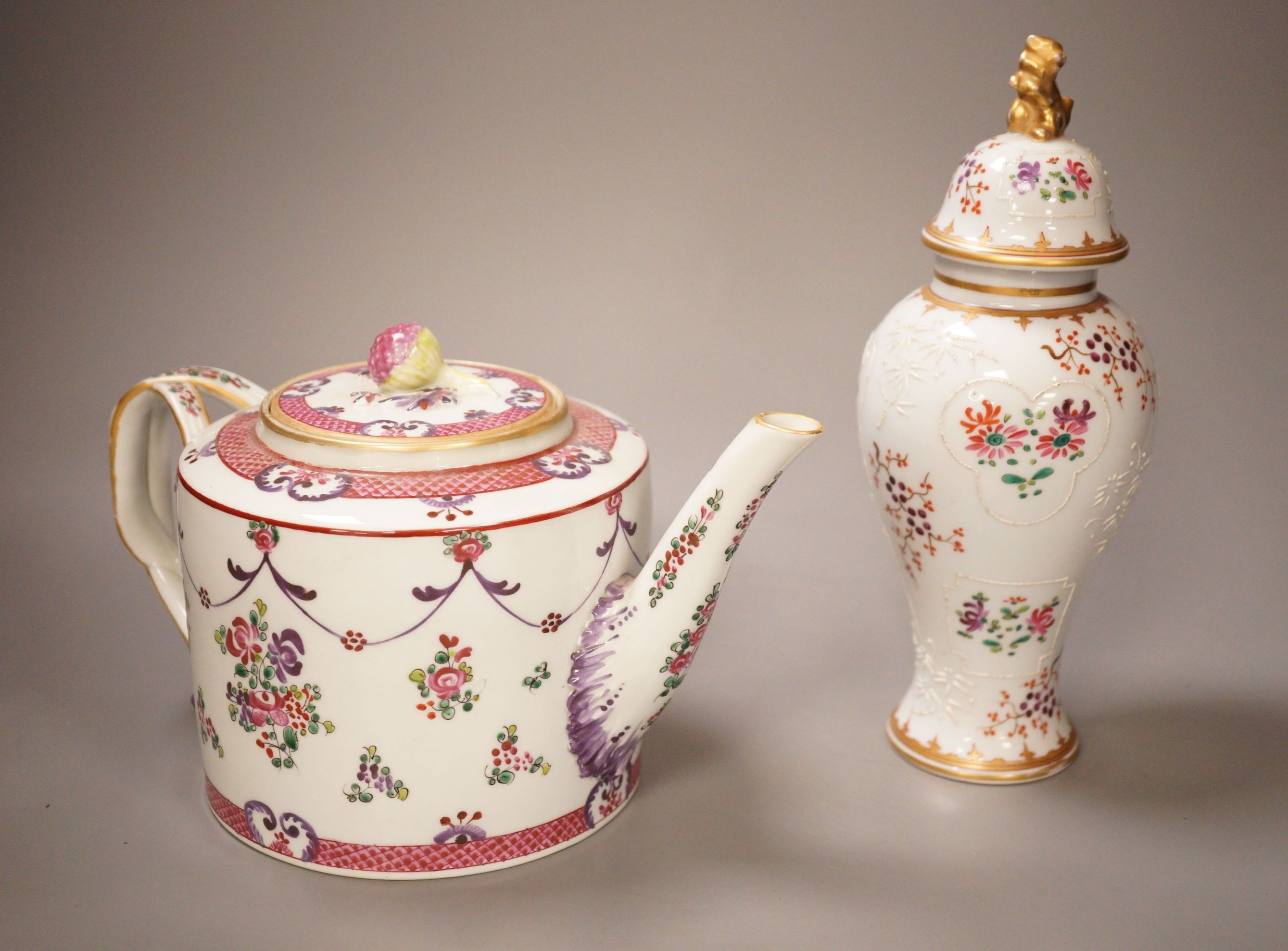 A Samson lidded Chinese armorial style baluster vase and a similar teapot, 23cm                                                                                                                                             