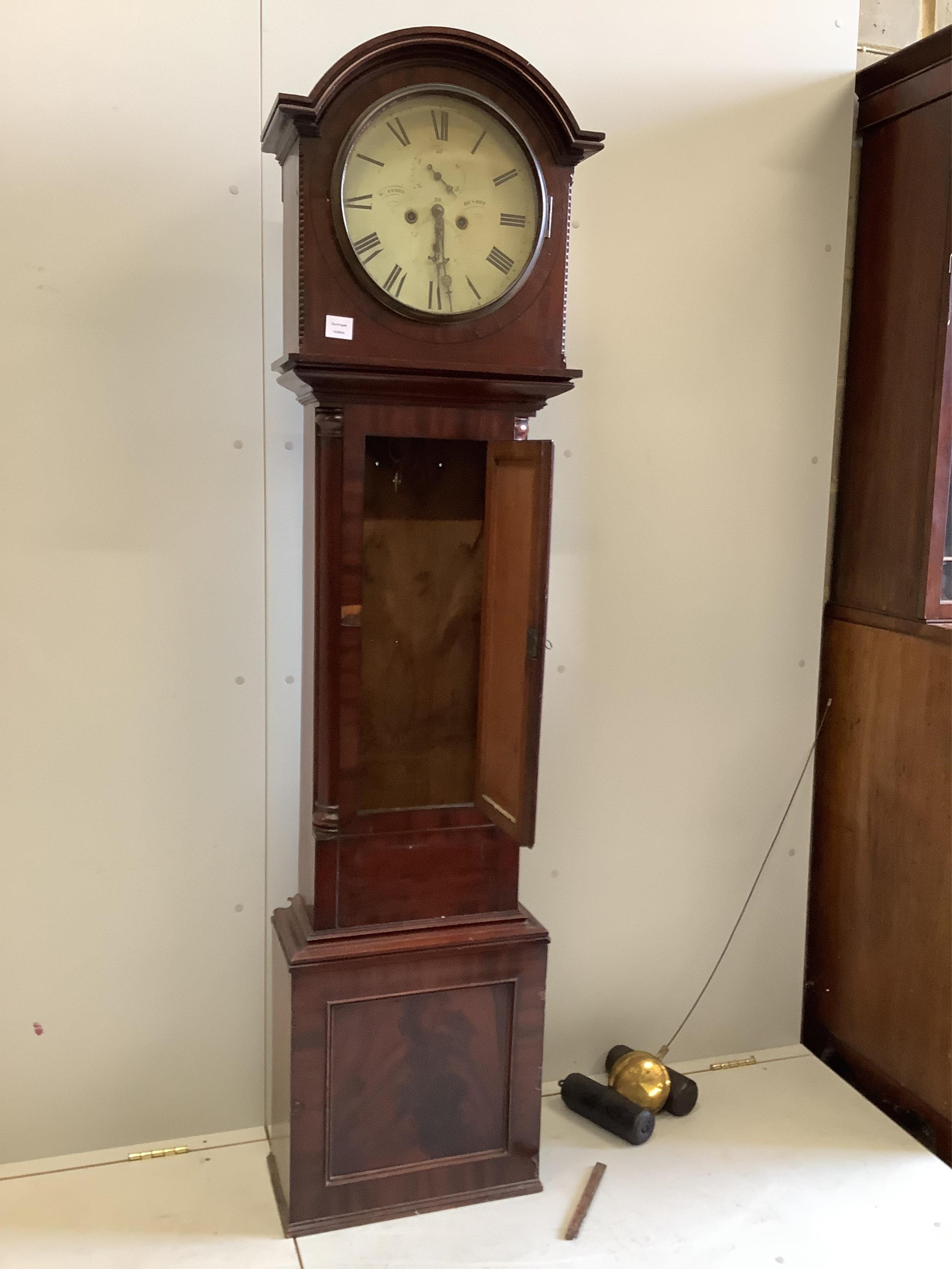 An early 19th century Scottish mahogany eight day longcase clock, marked Croll, Dundee, height 194cm. Condition - fair                                                                                                      