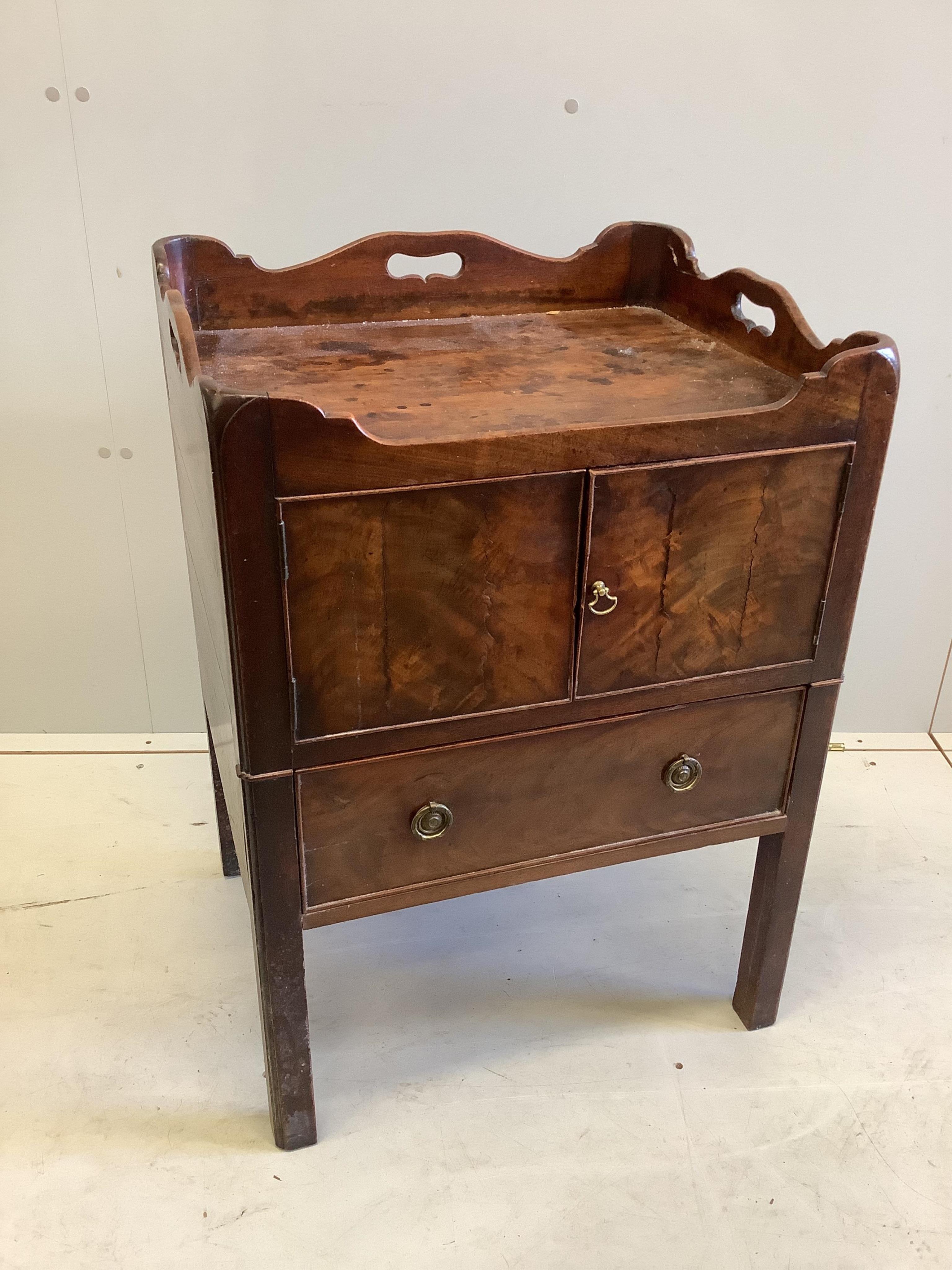 A George III mahogany tray top commode, width 56cm, depth 46cm, height 76cm. Condition - fair                                                                                                                               