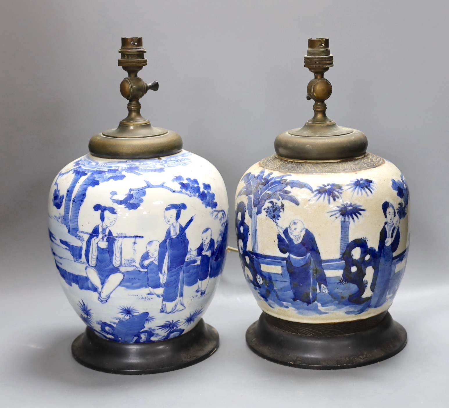 Two 19th century Chinese blue and white jars mounted as lamps, tallest 37cm                                                                                                                                                 