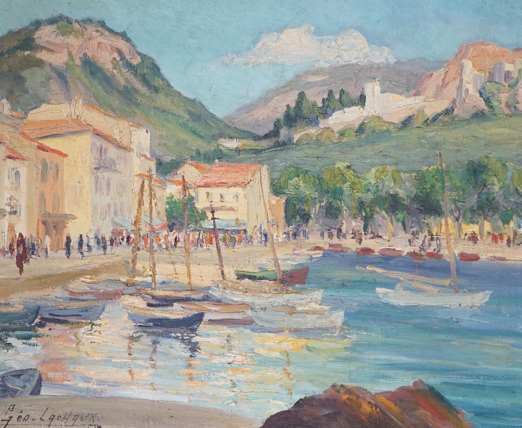 Georges Marius Géo-Lachaux (French, 1891-1966), impasto oil on canvas, Mediterranean harbour scene, signed, 37 x 45cm. Condition - good                                                                                     