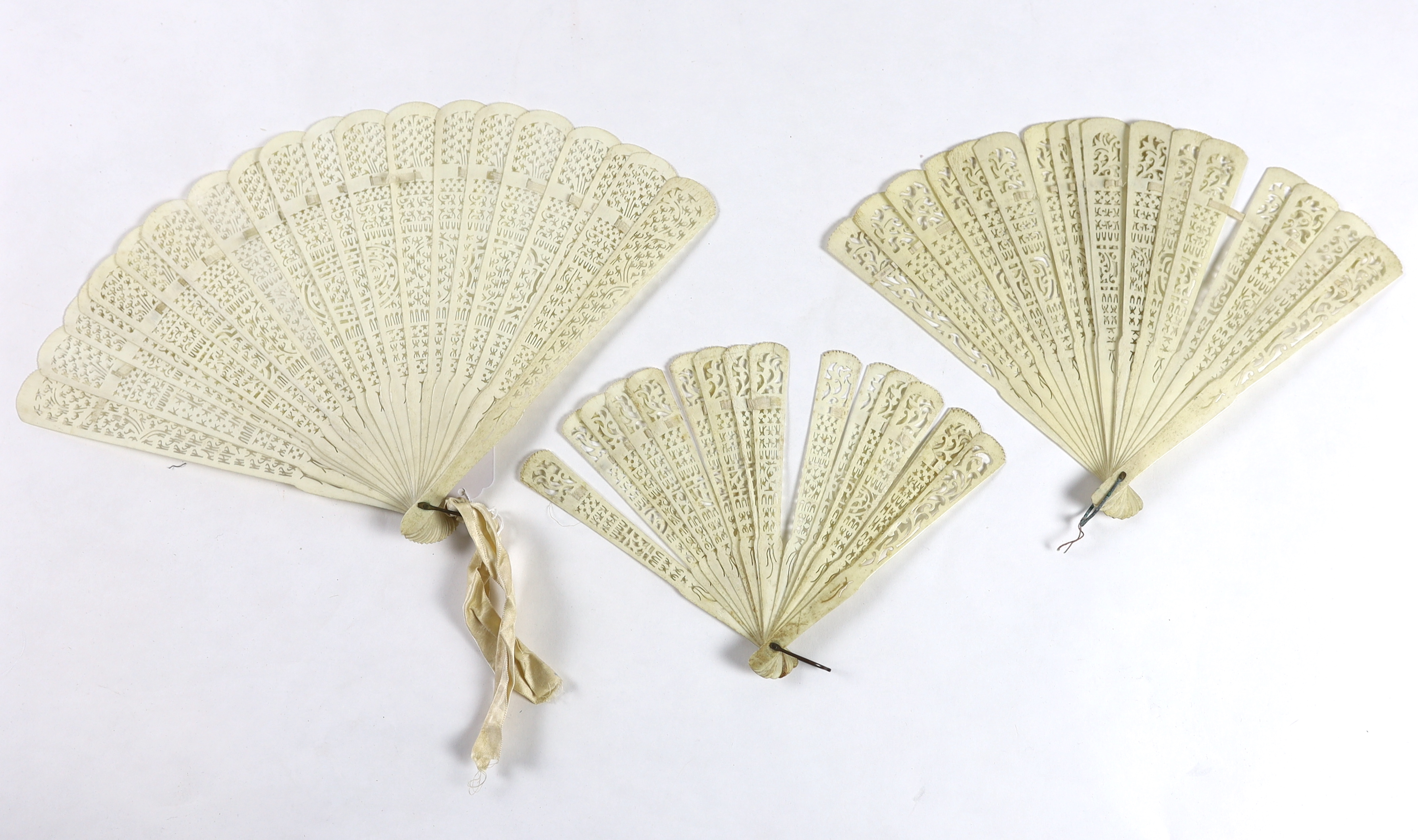 Three late 19th century 19th / early 20th century Chinese bone brisé fans                                                                                                                                                   