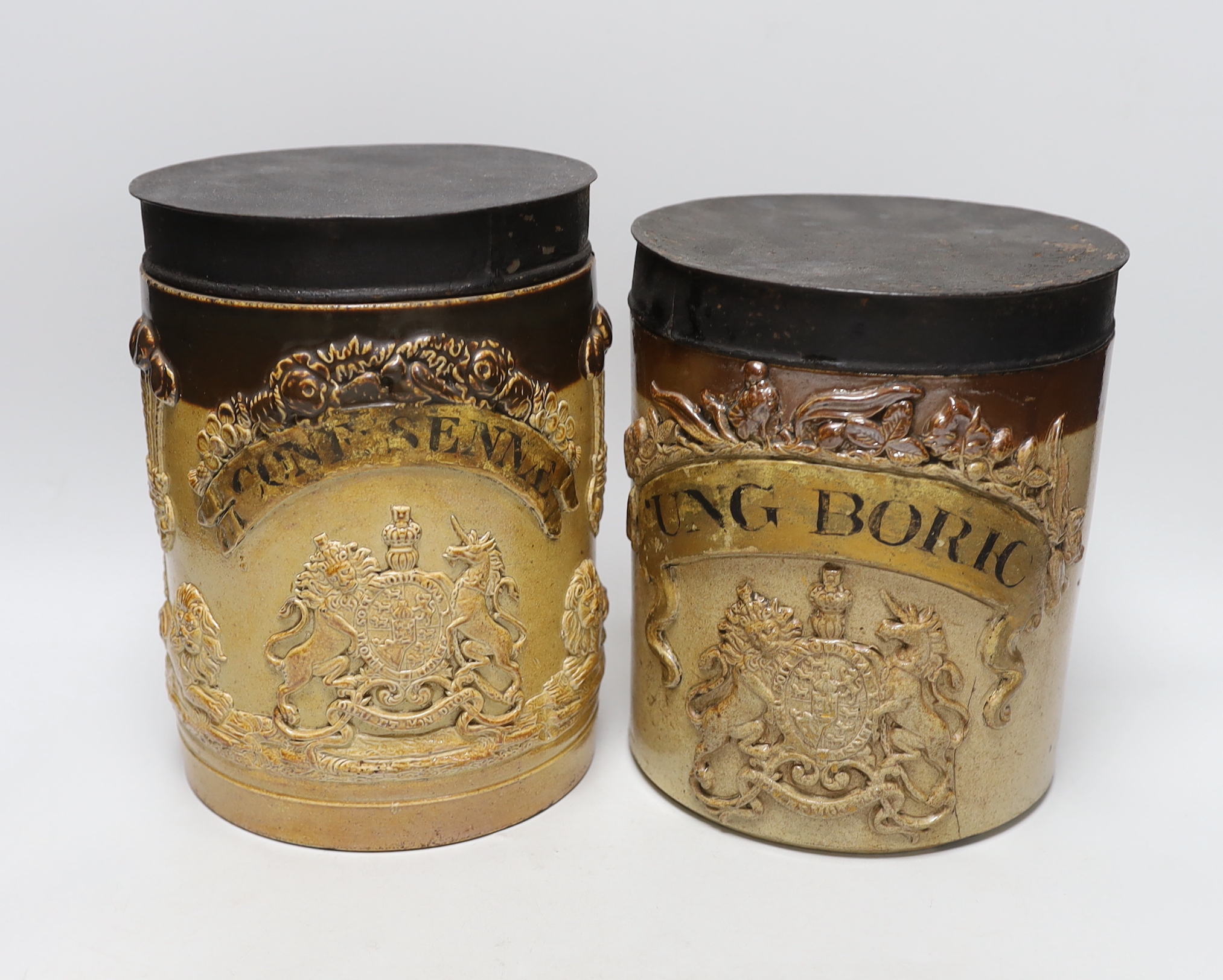 Two stoneware drug jars, c1800, tallest 23cm                                                                                                                                                                                