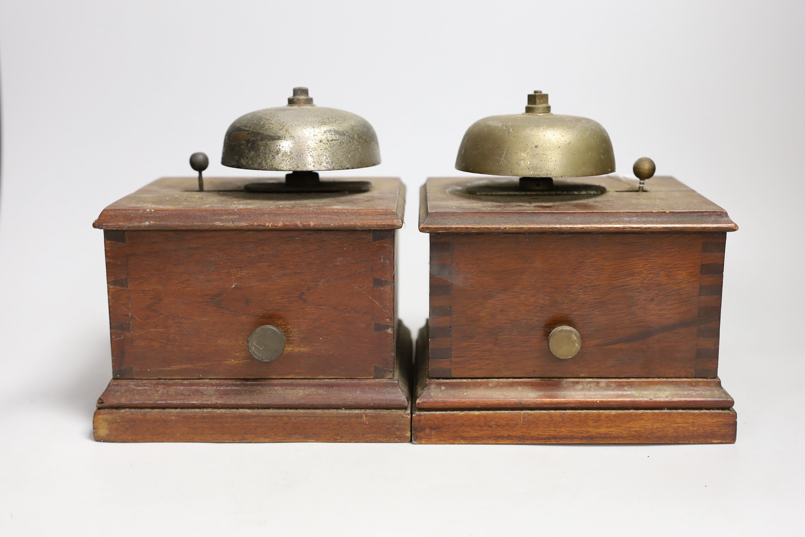 Two W.R.Sykes mahogany small signal box bells, one bears manufacturer's plaque                                                                                                                                              