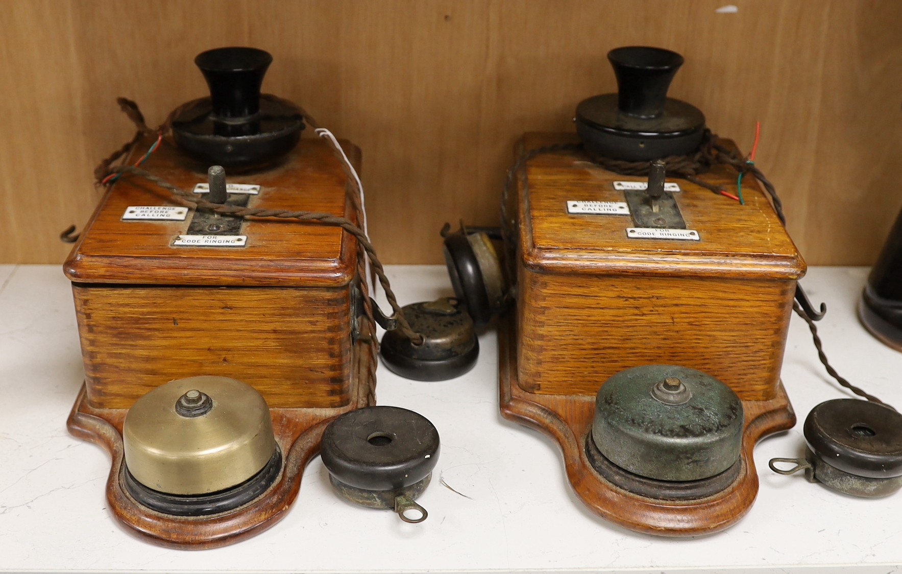 Two Ericsson oak cased railway signal box telephones, 30cms long                                                                                                                                                            