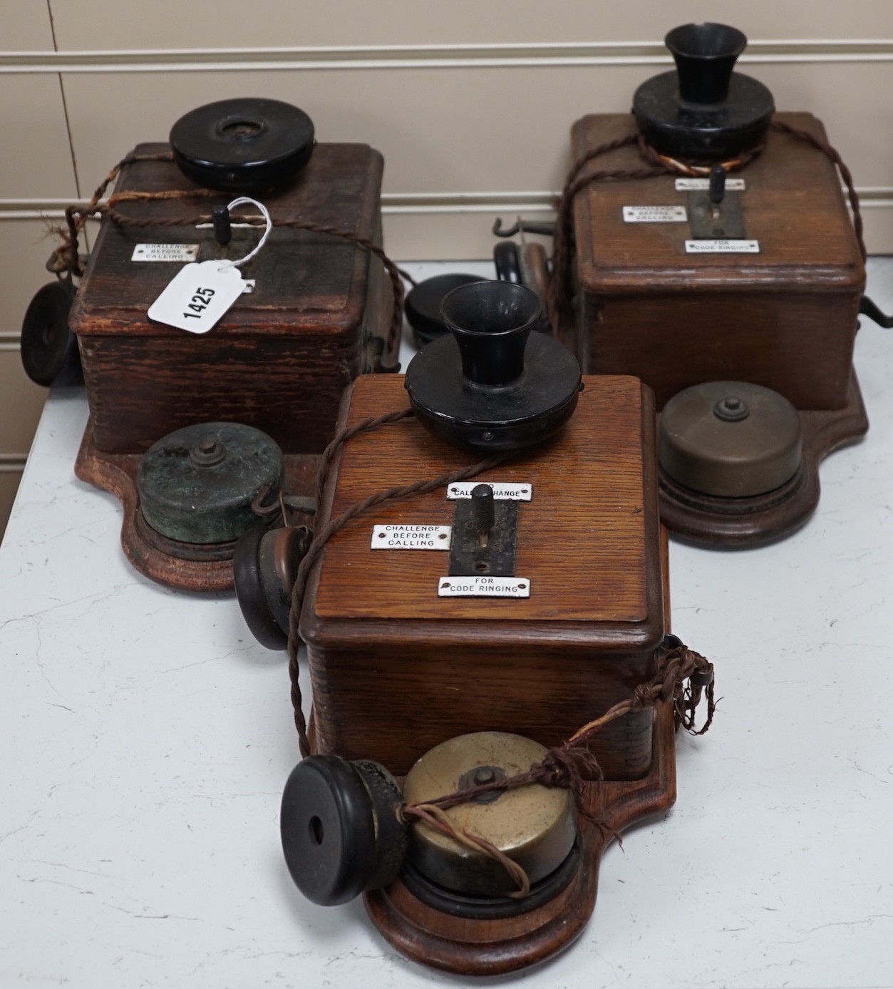 Three Ericsson oak cased railway signal box telephones, largest 30cms long                                                                                                                                                  