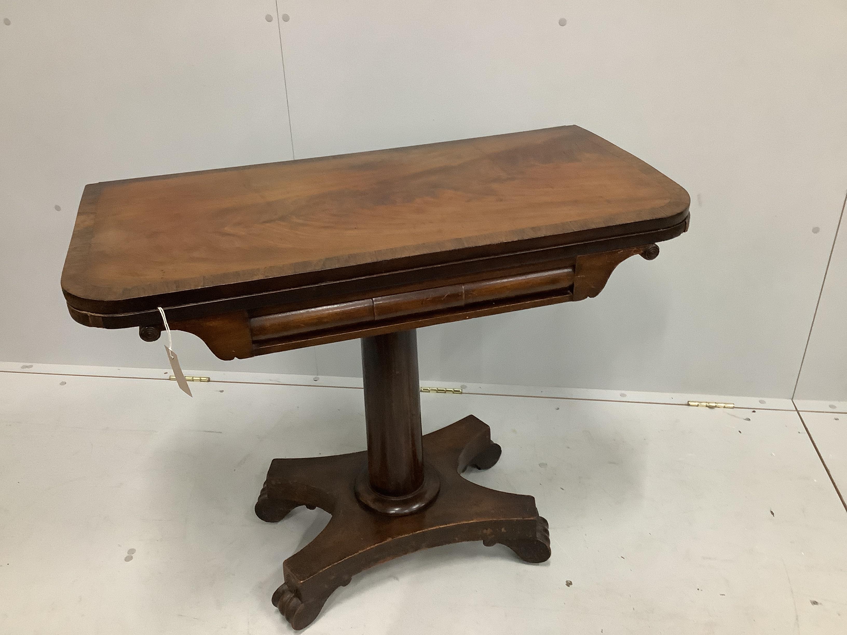 An early Victorian rosewood banded mahogany folding card table, width 90cm, depth 45cm, height 73cm                                                                                                                         