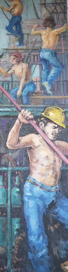 Vladimir Caruana, oil on canvas, 'The Scaffolders', 76 x 20cm. Condition - good                                                                                                                                             