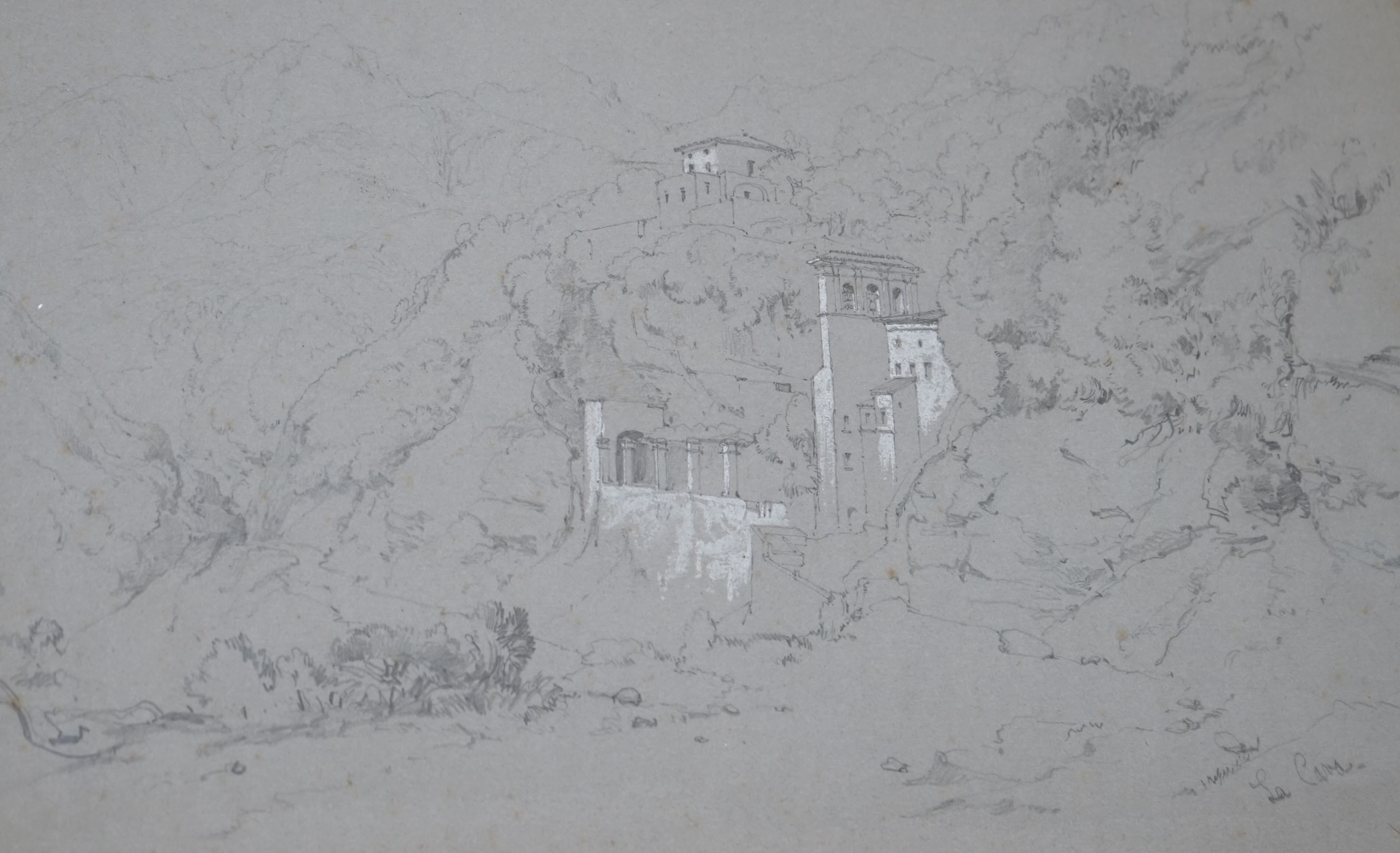 William Leighton Leitch RI (Scottish, 1804-1883), heightened pencil sketch, Continental mountainous landscape with villas, studio stamp lower right, details verso, 23 x 35cm. Condition - fair, spots of foxing thoughout  