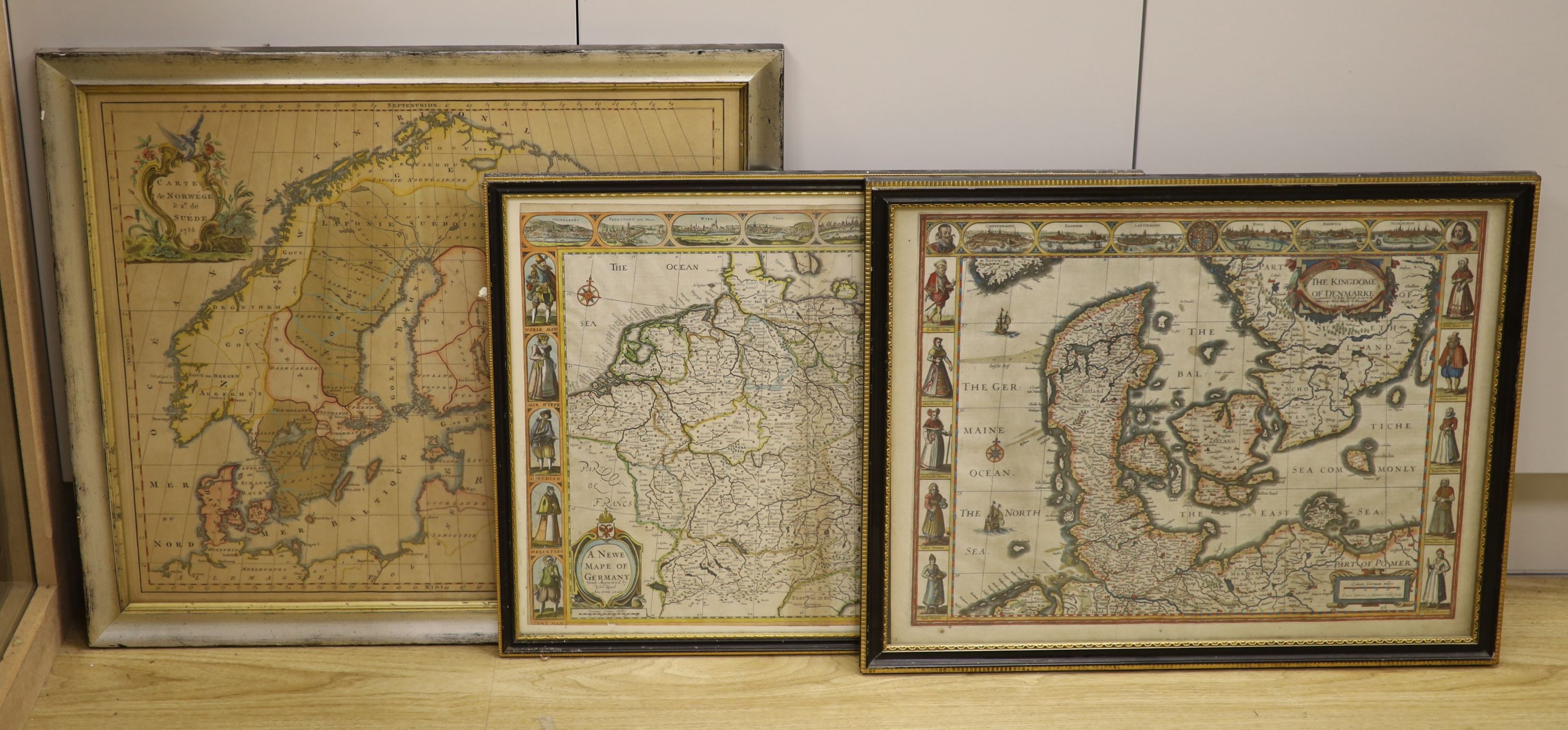 Three coloured engraved maps - ‘’Carte de Norwege & Suede’’, 1755, 50 x 57cm. ‘’The Kingdom of Denmarke’’, augmented by John Speede, 1626, 42 x 54cm. and ‘’A New map of Germany’’ augmented by John Speede, 1626, 41 x 52.5