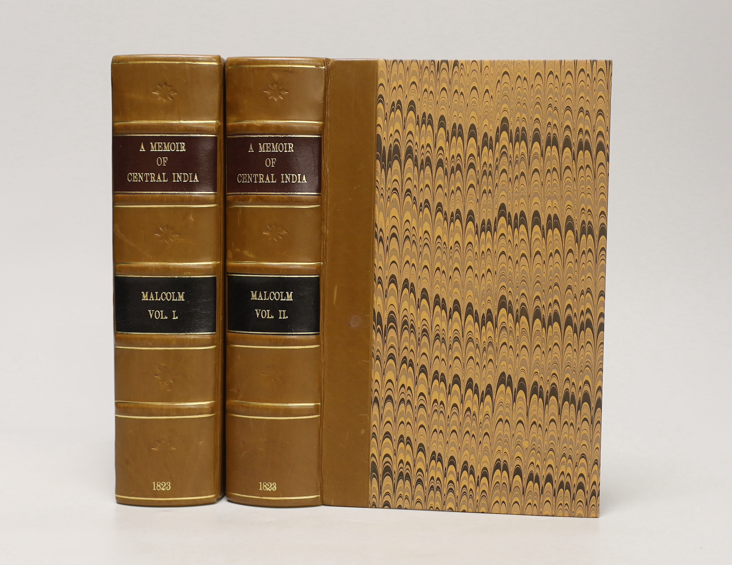 Malcolm, Sir John - A Memoir of Central India, including Malwa, and Adjoining Provinces ... 2 vols, large folded map and another (folded and coloured); newly rebound calf backed marbled boards, gilt-ruled and blind decor