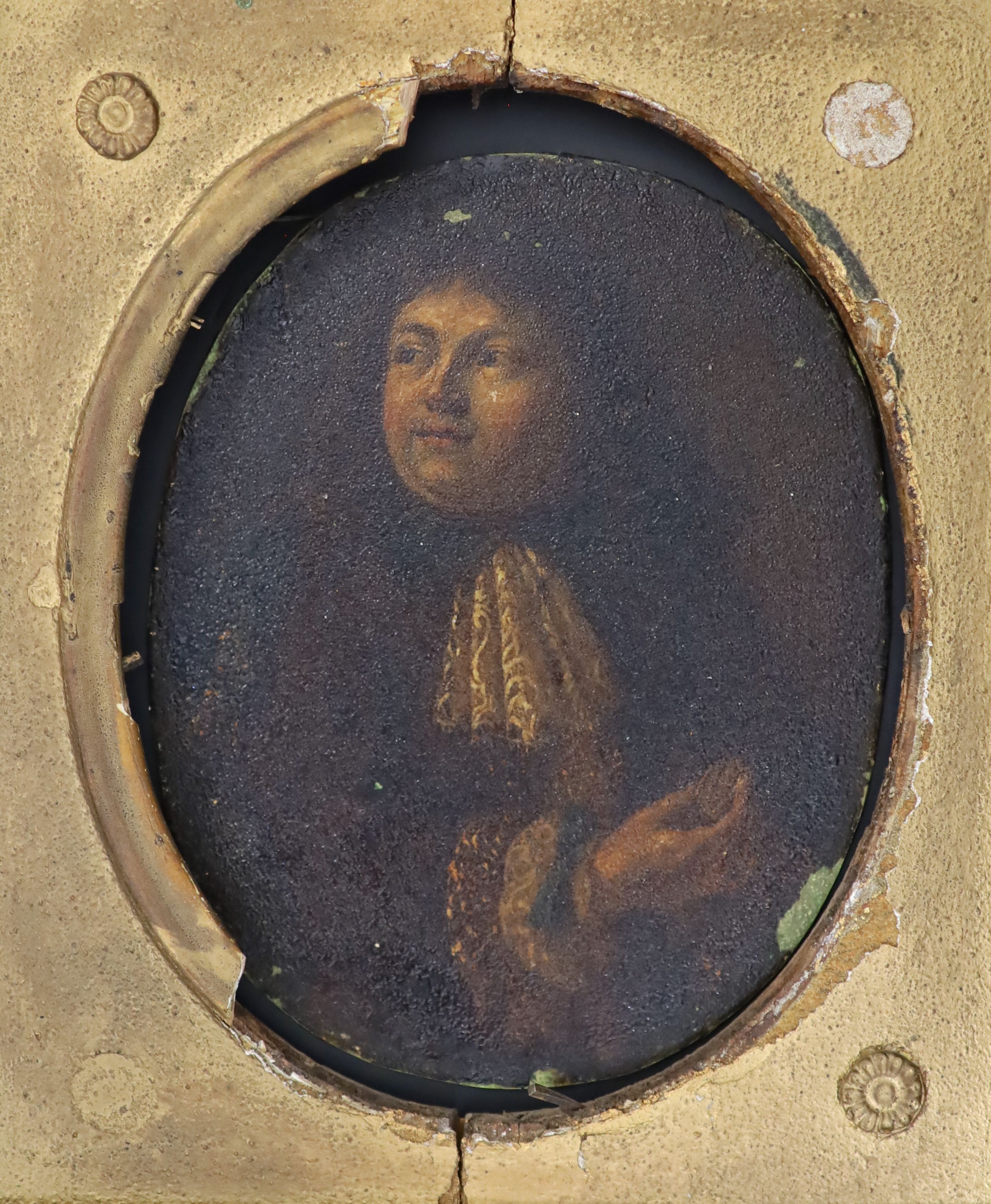 18th century English School, Portrait of a gentleman wearing a lace cravat, Oil on bronze panel, 16 x 12.5cm.                                                                                                               