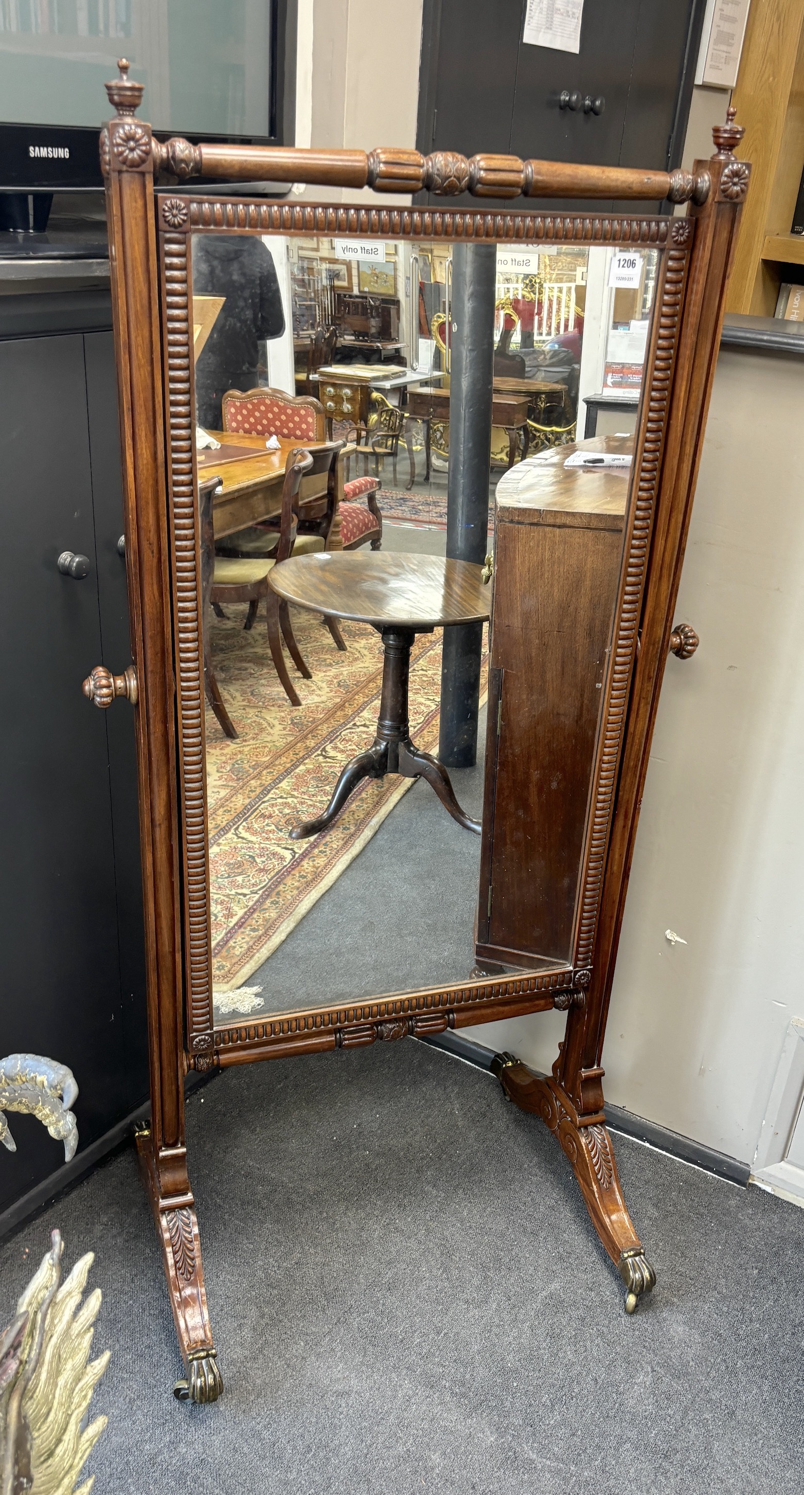 A Regency mahogany cheval mirror, width 84cm, height 165cm                                                                                                                                                                  