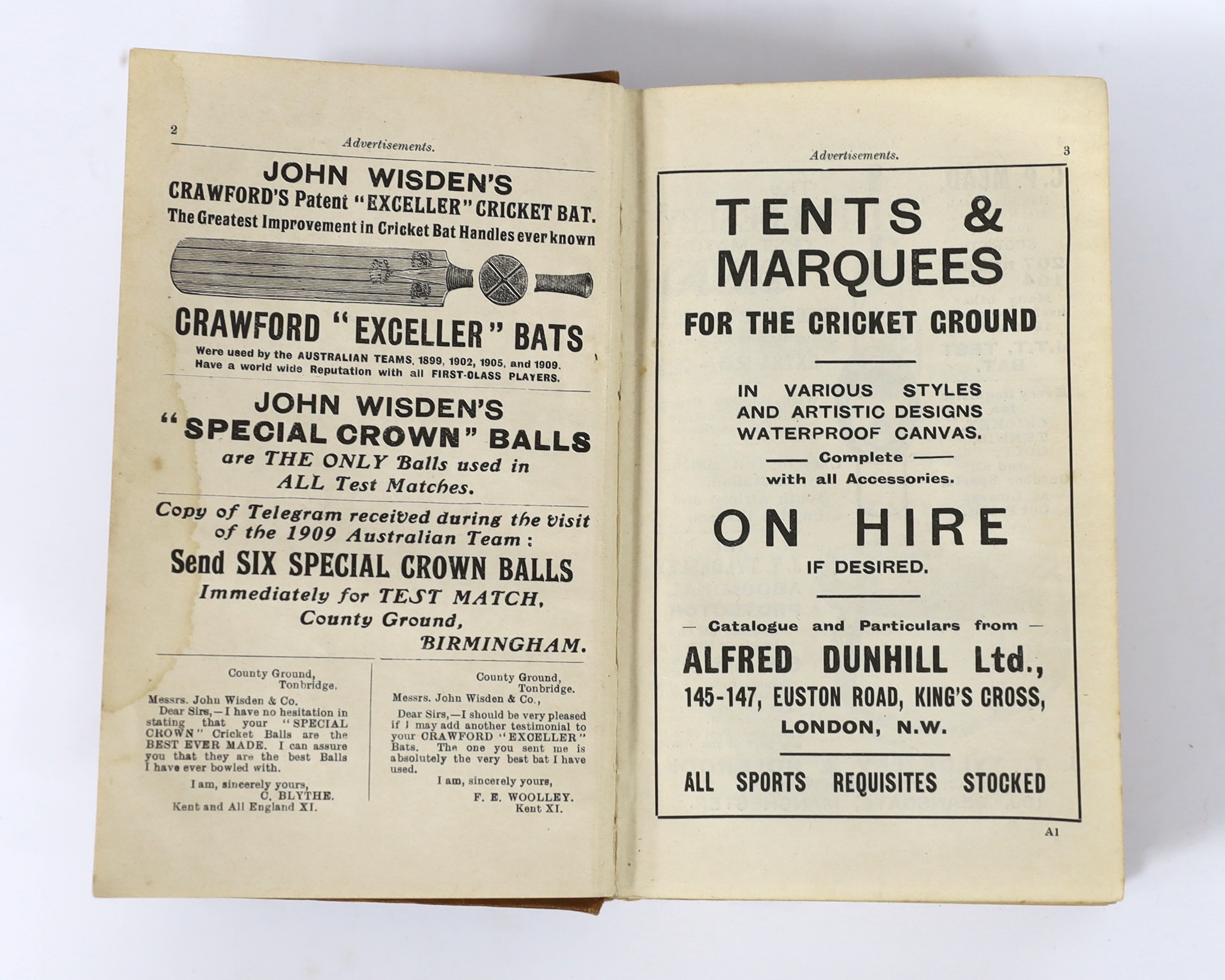 Wisden - John Wisden’s Cricketer’s Almanack for 1912, edited by Sydney H. Pardon, forty-ninth edition, 8vo, with tipped-in portraits of members of the M.C.C’s team in Australia, advertisements at beginning and end, origi