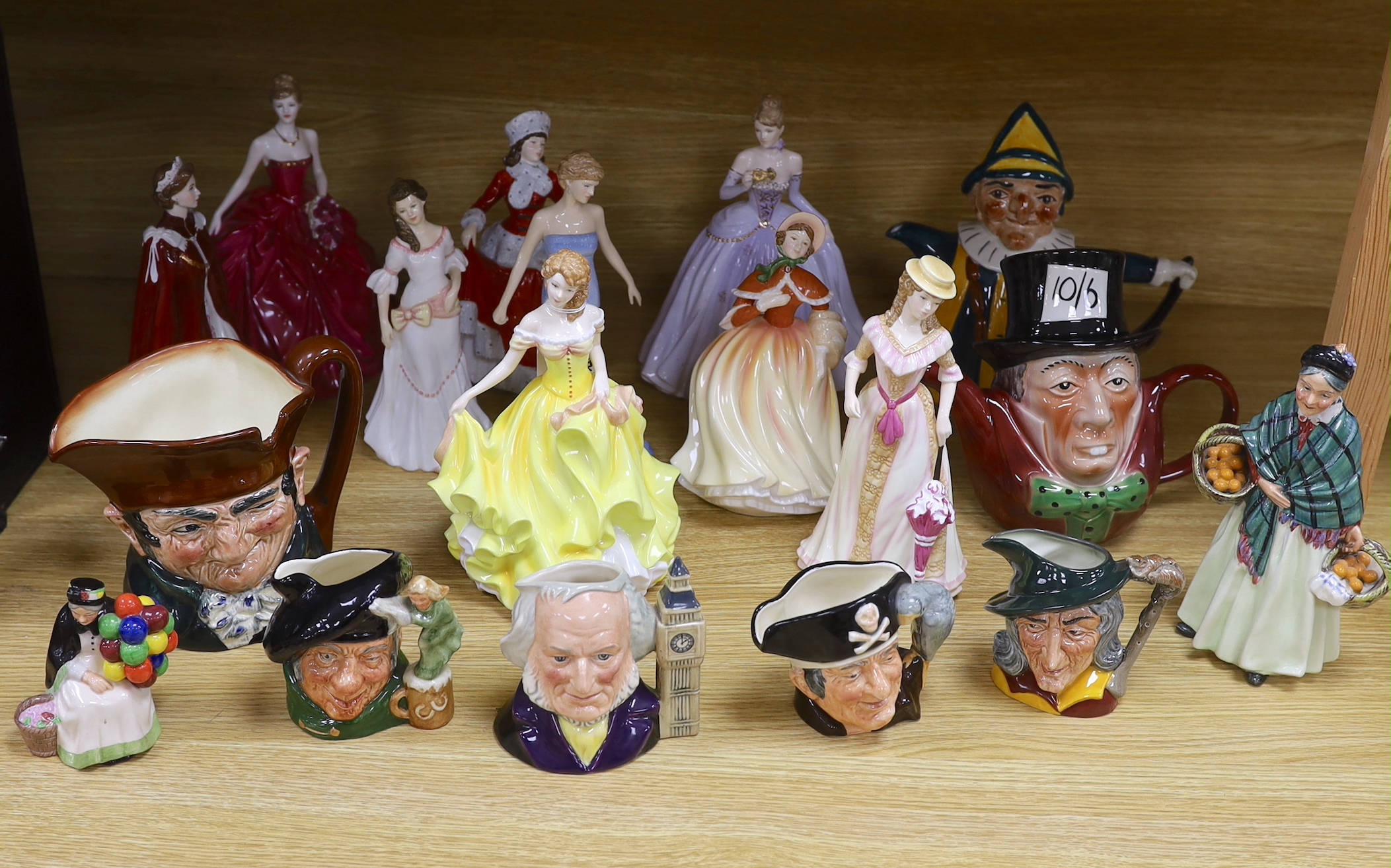 Collection of Royal Doulton, Coalport, Royal Worcester etc. figurines and small character jugs                                                                                                                              