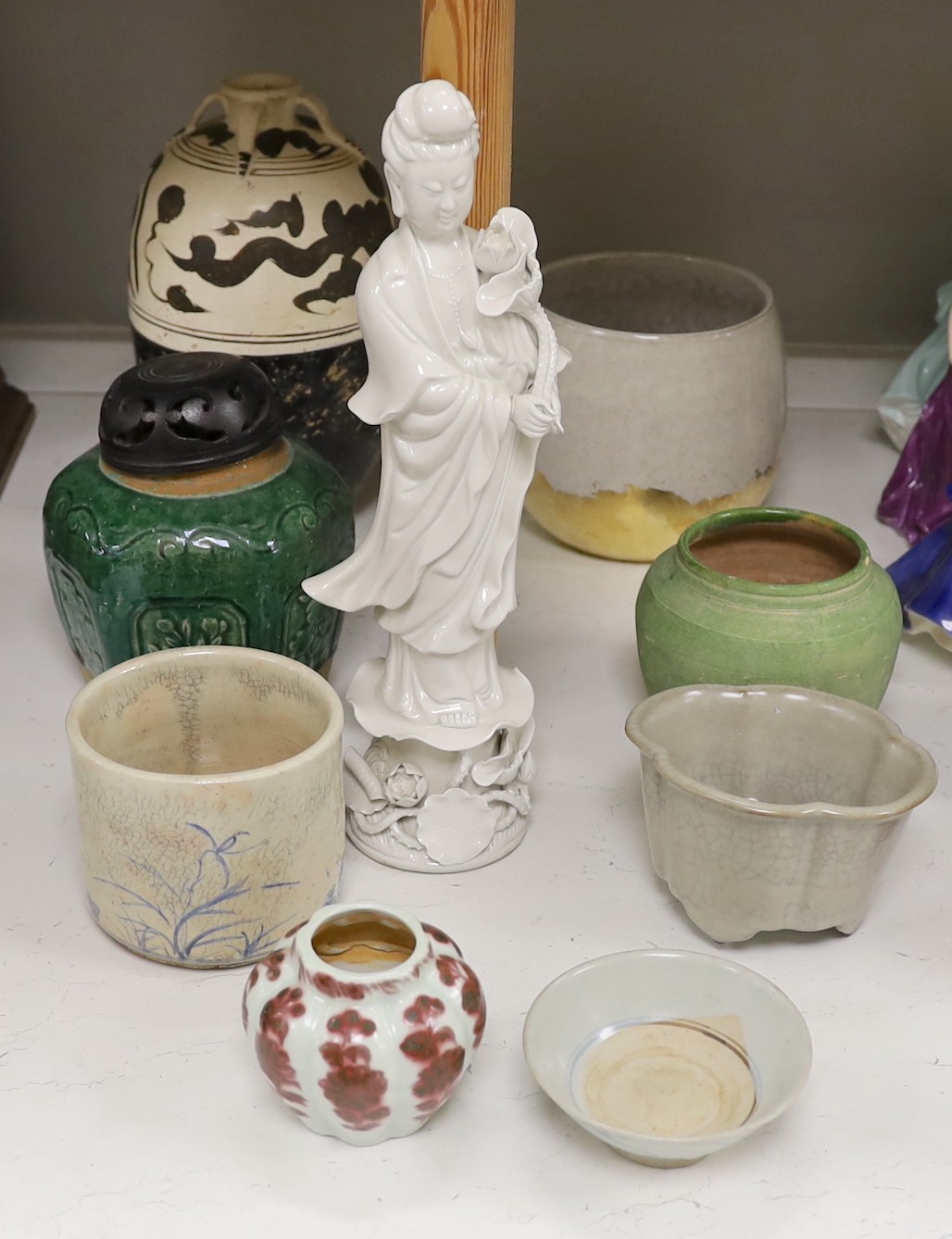 A group of Chinese and studio ceramic vases and bowls, to include a figure of Guangyin, 37.5cm tall                                                                                                                         