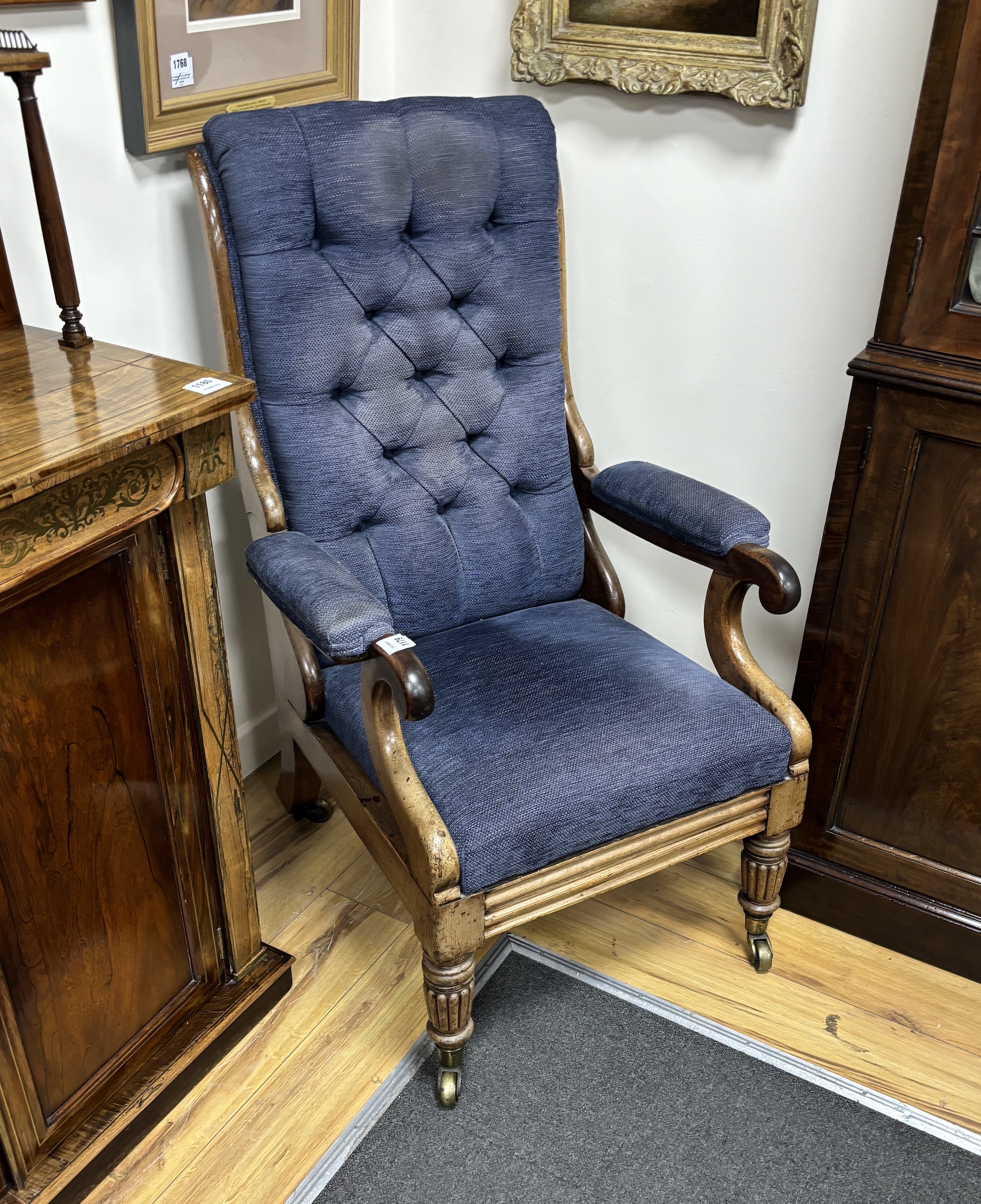 A William IV Patent mahogany adjustable armchair, stamped G. Minter, width 66cm, depth 66cm, height 106cm                                                                                                                   