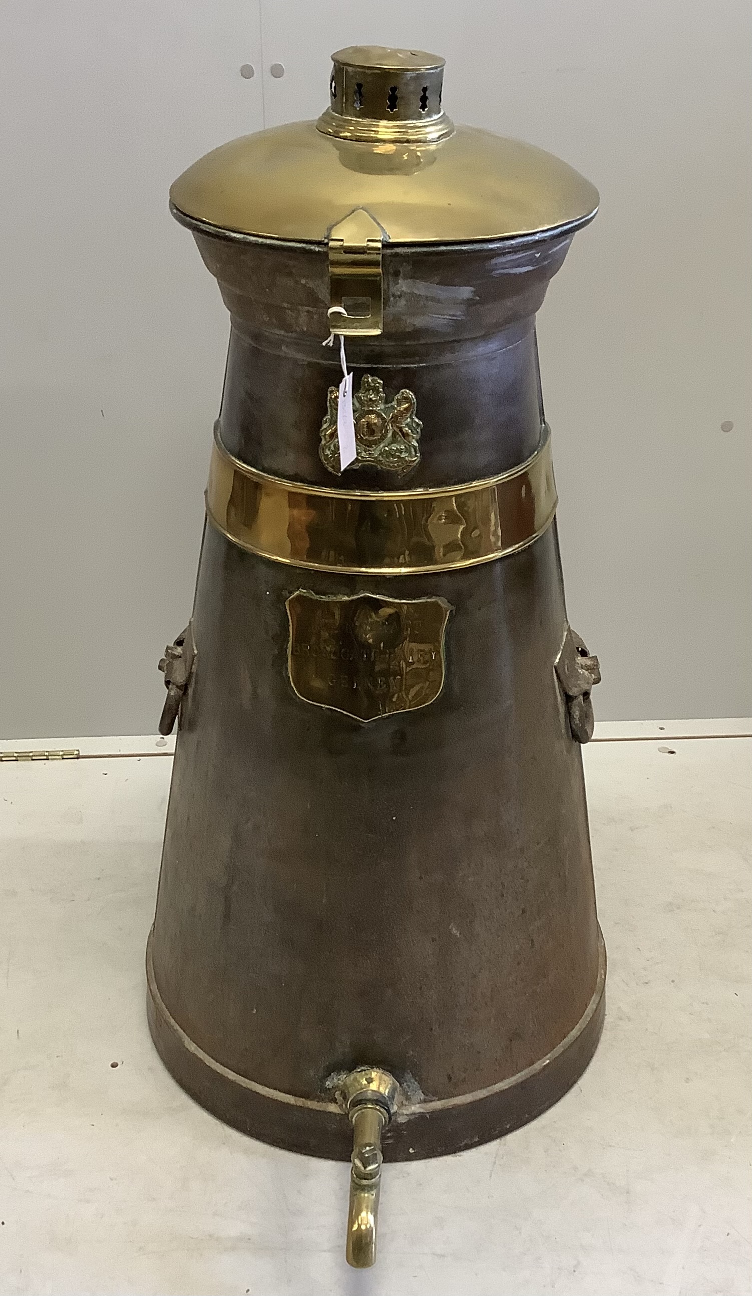 A Victorian brass mounted steel milk churn marked H.E. Parratt, Broadgate Dairy, Gedney, height 98cm                                                                                                                        