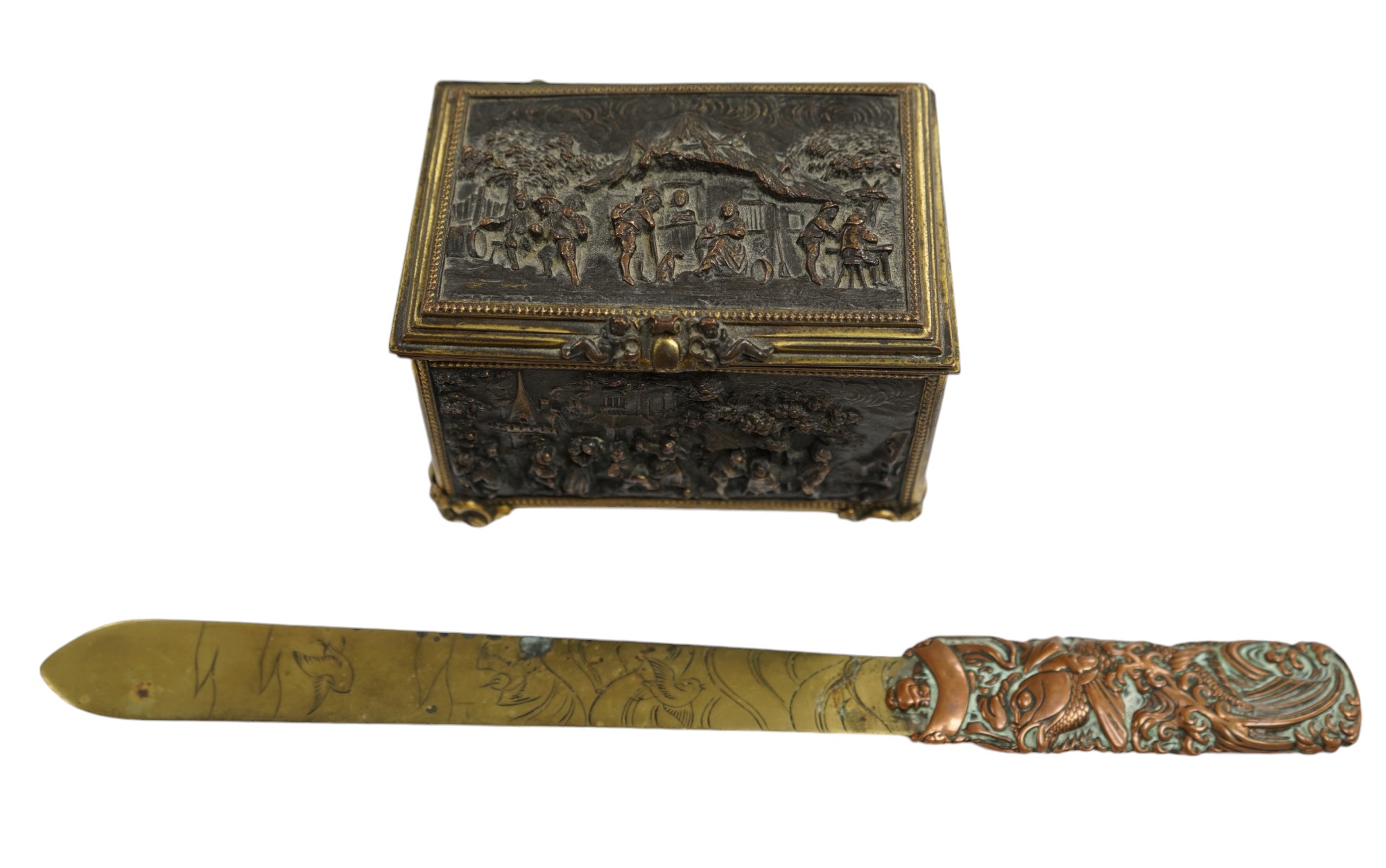 A Paris cast repousse figurative casket and a Japanese copper and brass paper knife, knife 30cm long. Condition - fair                                                                                                      