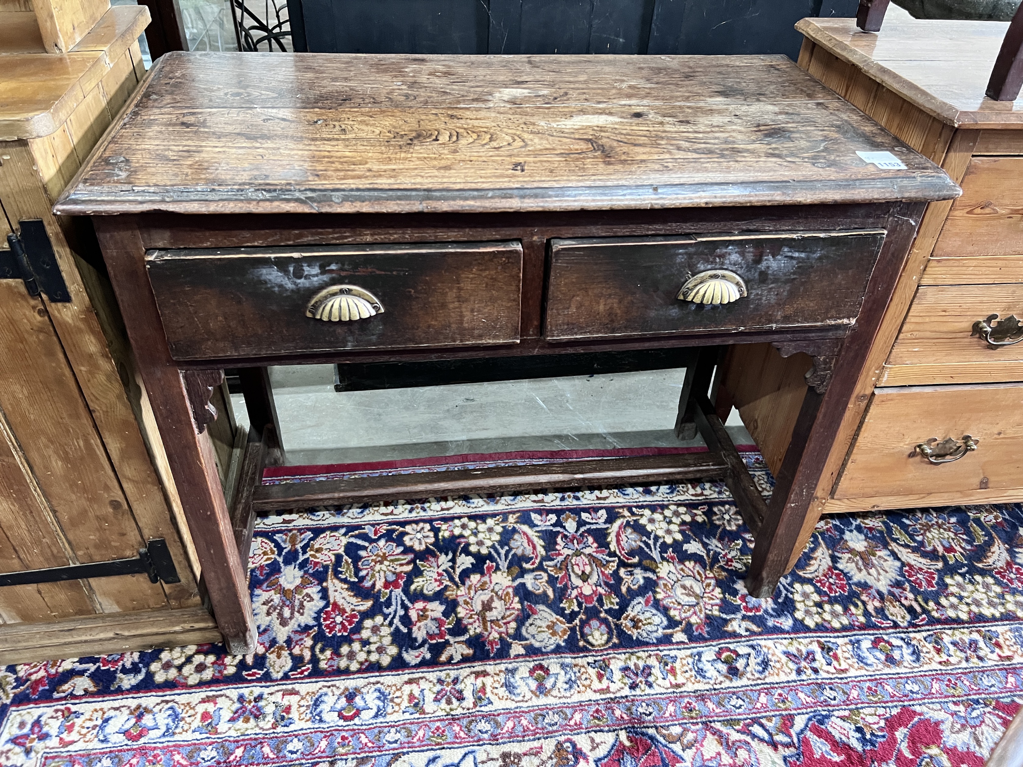 A 19th century provincial oak two drawer side table, width 96cm, depth 48cm, height 77cm                                                                                                                                    