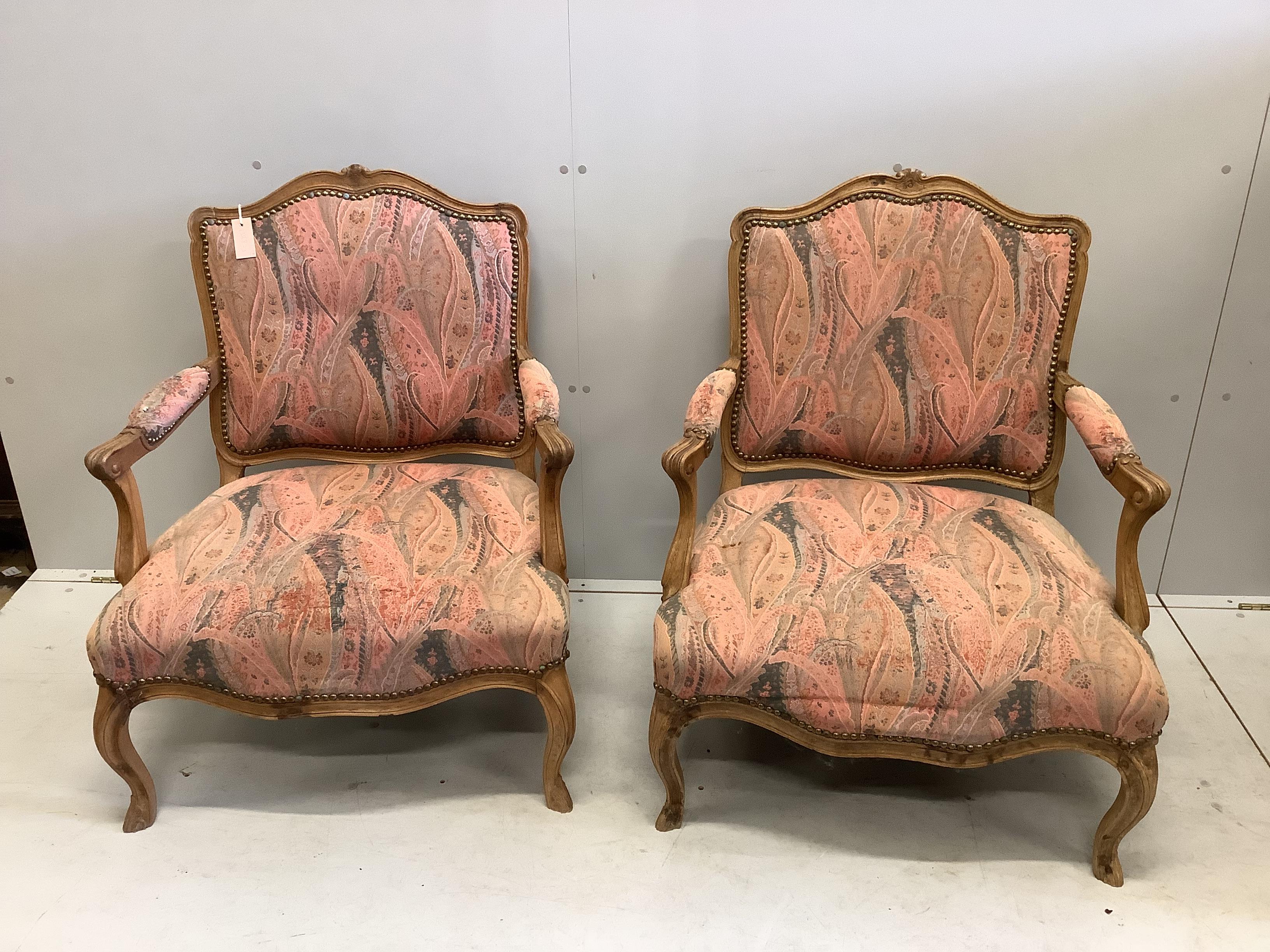 A pair of Louis XVI style beech armchairs, width 70cm, depth 58cm, height 91cm                                                                                                                                              
