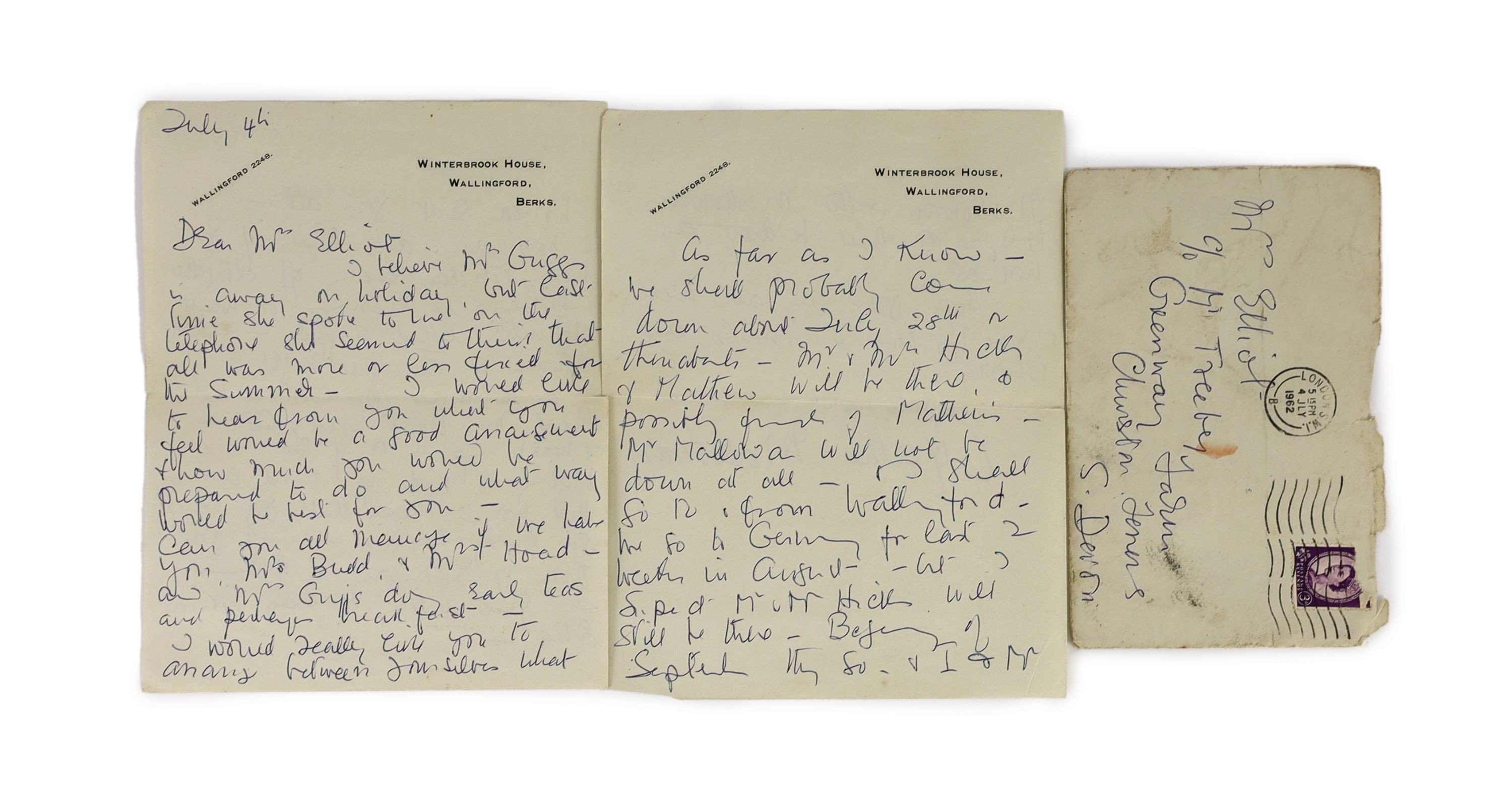 A manuscript letter from Agatha Christie to Mrs Elliot on Winterbrook House notepaper                                                                                                                                       