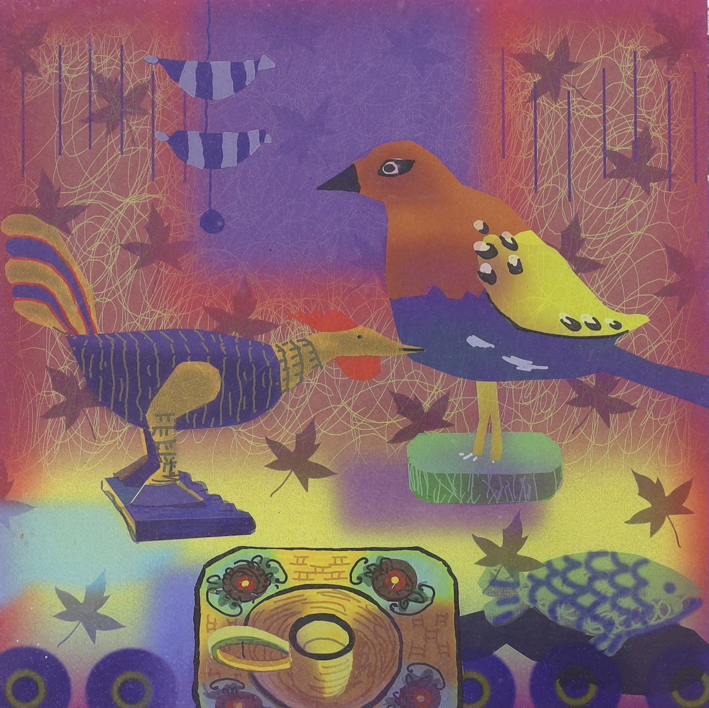 Ewan Wheatley, limited edition print, Still life with birds, signed in pencil, 56/75, 32 x 32cm                                                                                                                             