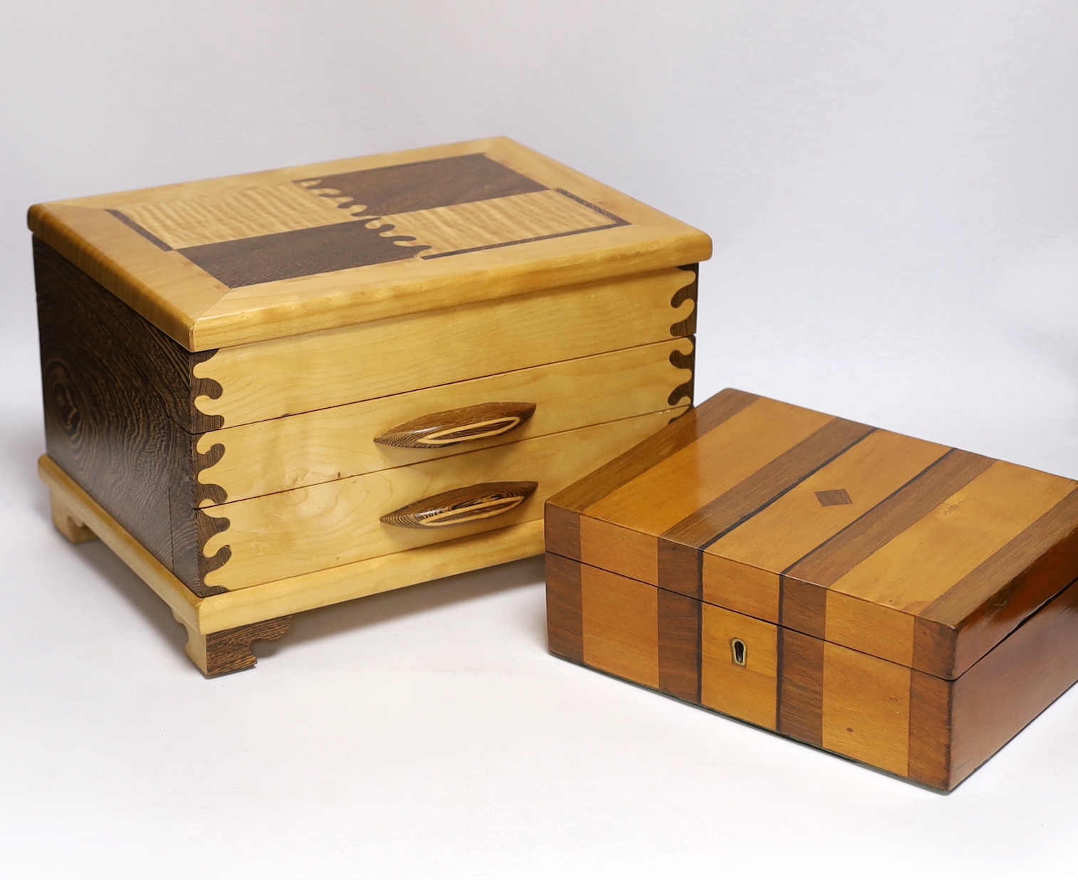 A contemporary maple and wenge jewellery box, by Judd Lotts, 31cm wide, 23cm deep, 20cm high, together with a Victorian banded box                                                                                          