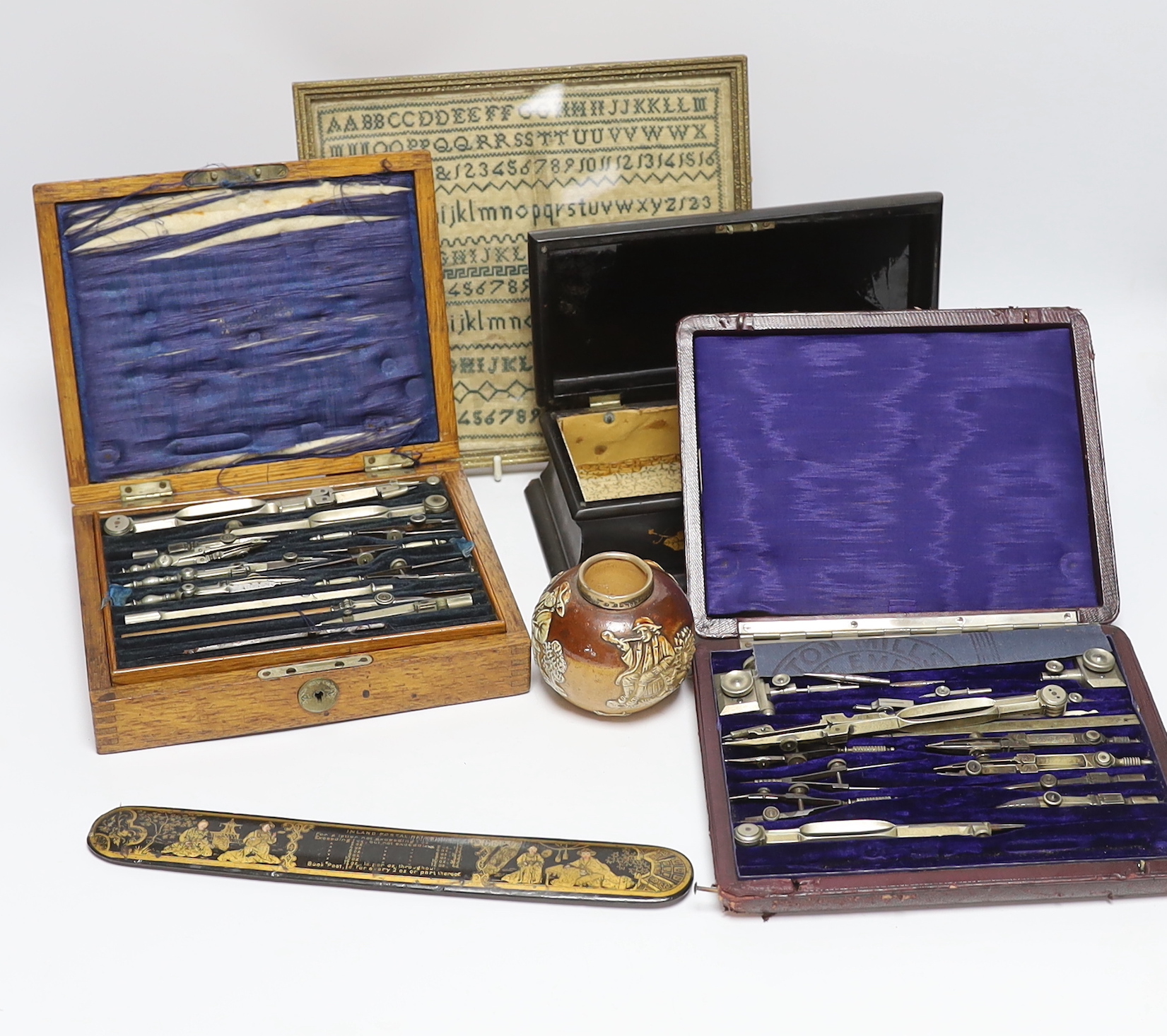 Sundry items and collectables including telescope, drawing sets, an alphabet sampler and an inlaid lacquered box, largest 51cm in length                                                                                    
