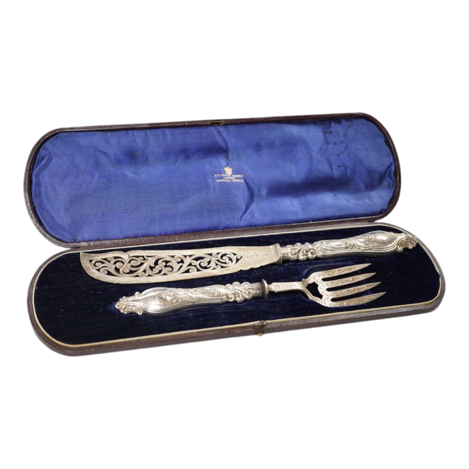 A cased pair of Victorian silver fish servers, John Gilbert?, Birmingham, 1866, knife 31.5cm. Condition - poor                                                                                                              