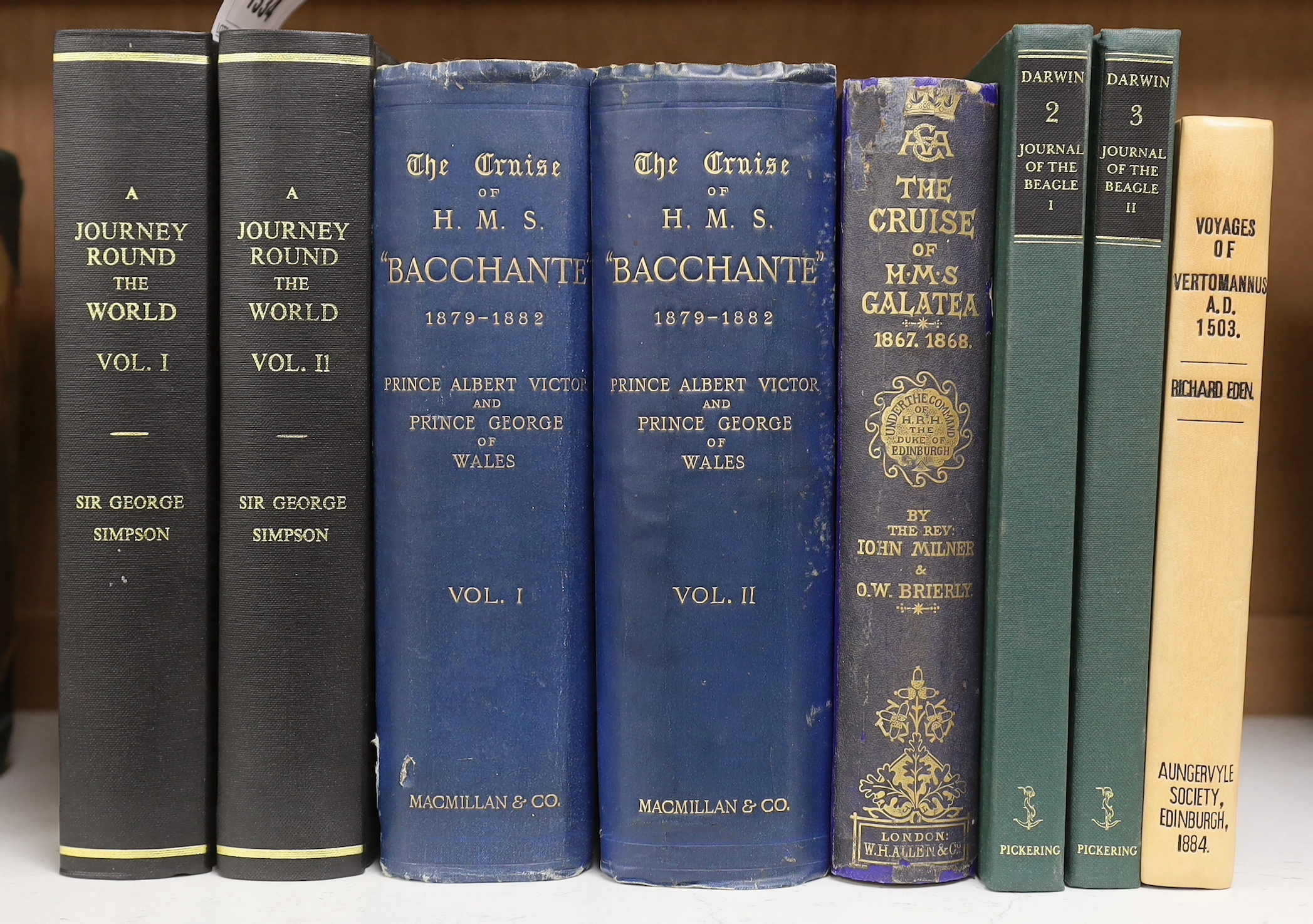 Simpson, Sir George - Narrative of a Journey round the World, during the years 1841 and 1842. 2 vols. portrait and folded map; newly rebound gilt lettered cloth. 1847; Milner, Rev. John and Brierly, Oswald - The Cruise o