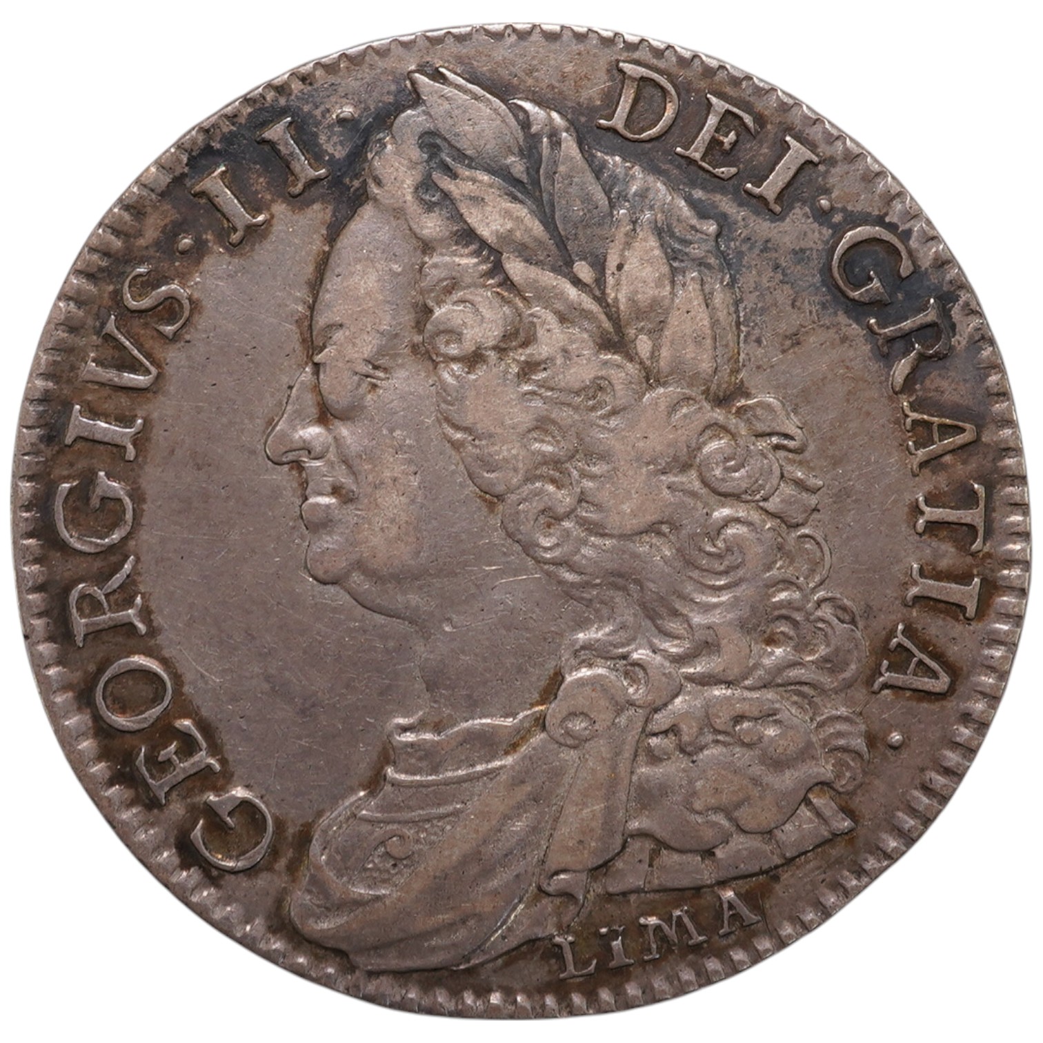 British silver coins, George II 1746 Lima Halfcrown, S.3695A, obv. old laur. and dr. bust LIMA below reads GEORGIVS, edge D.NONO, about VF                                                                                  