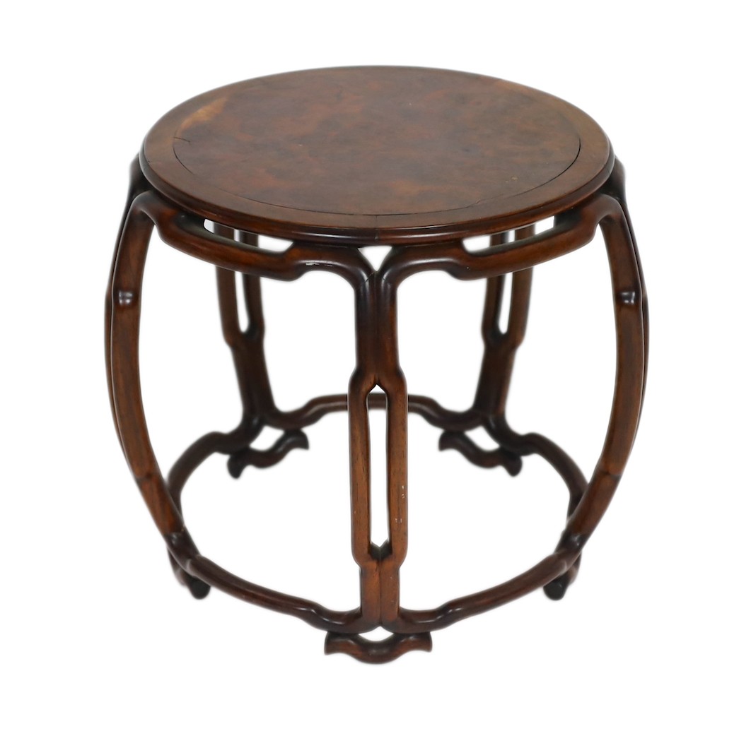 A Chinese hongmu and burr wood small stool, 19th century, 22.5cm wide, 28.5cm high                                                                                                                                          