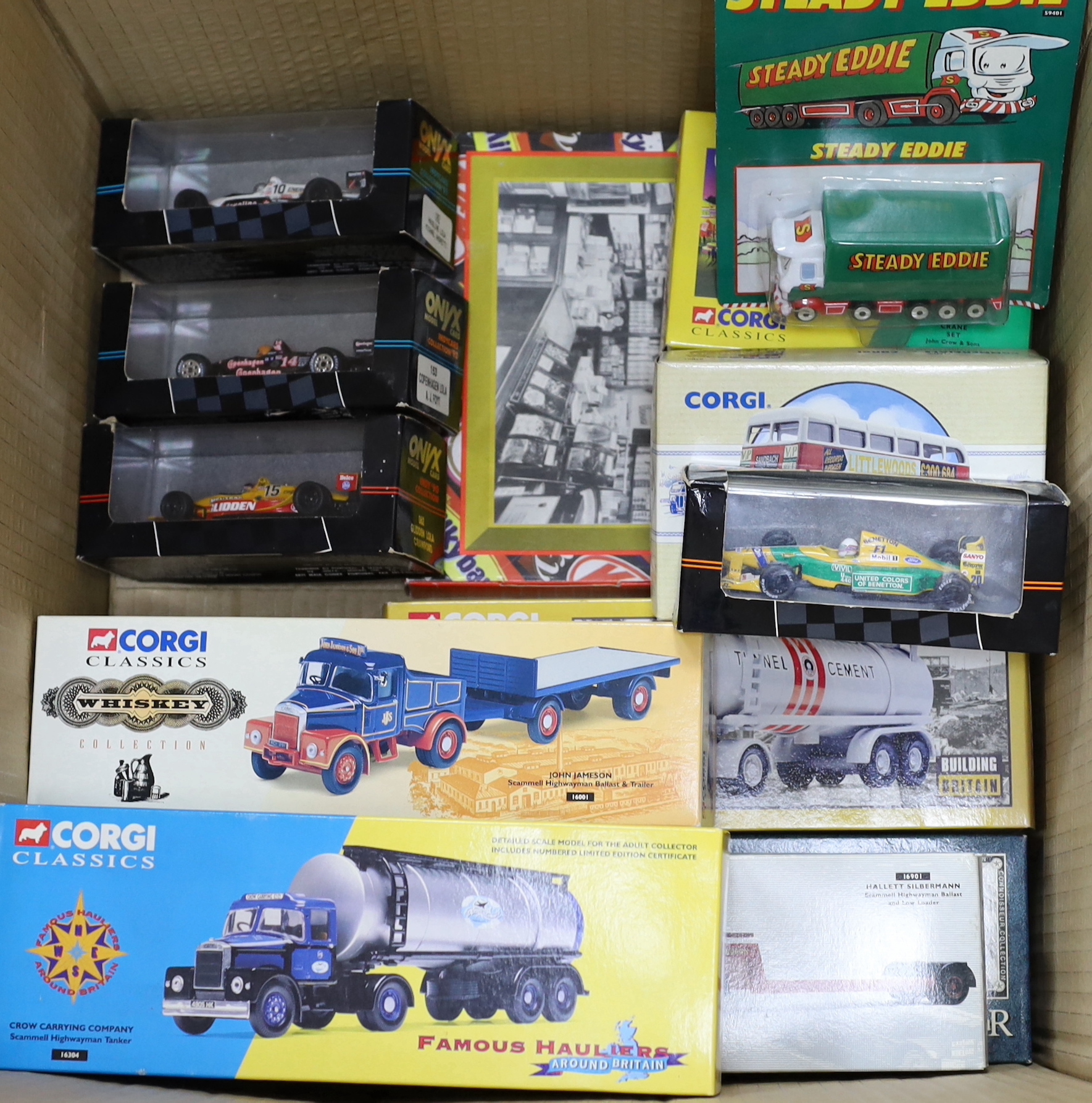 Four boxed Onyx Indie and F1 model racing cars, together with seven Corgi Classics commercial vehicles including; a Bedford VAL coach (35304), Scammell Highwayman Tanker (16305), Scammell Highwayman low loader (16901), e