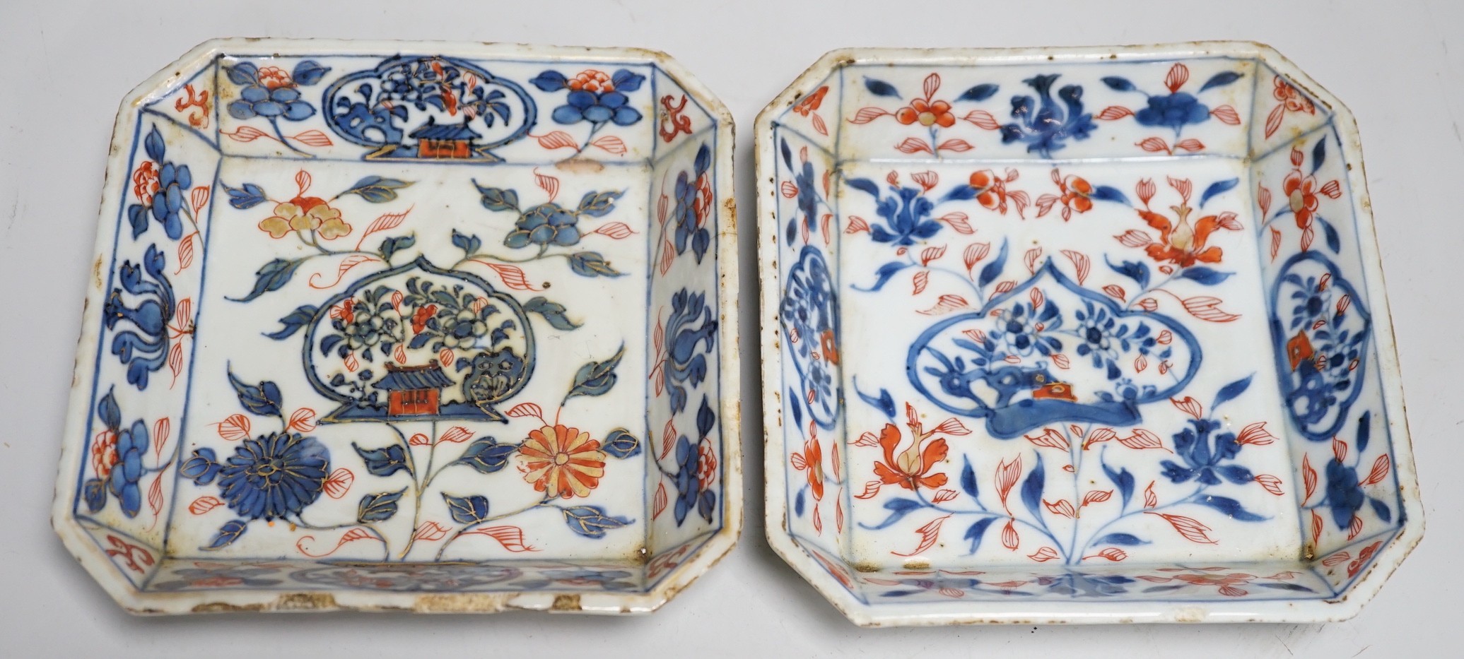 Two Chinese Imari square dishes, Kangxi, 15cm sq.                                                                                                                                                                           