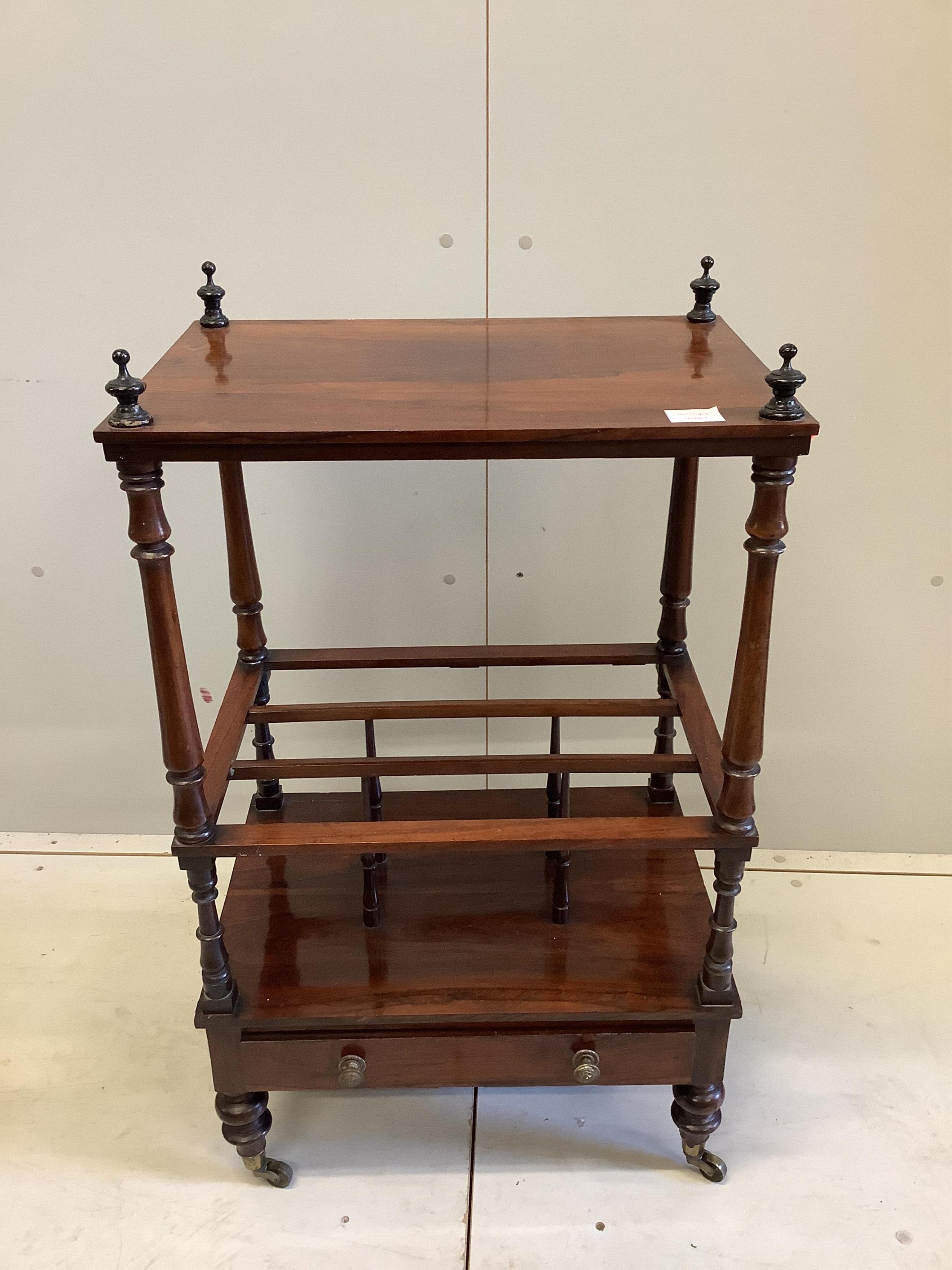 A Victorian rosewood Canterbury whatnot, width 53cm, depth 37cm, height 90cm. Condition - good                                                                                                                              