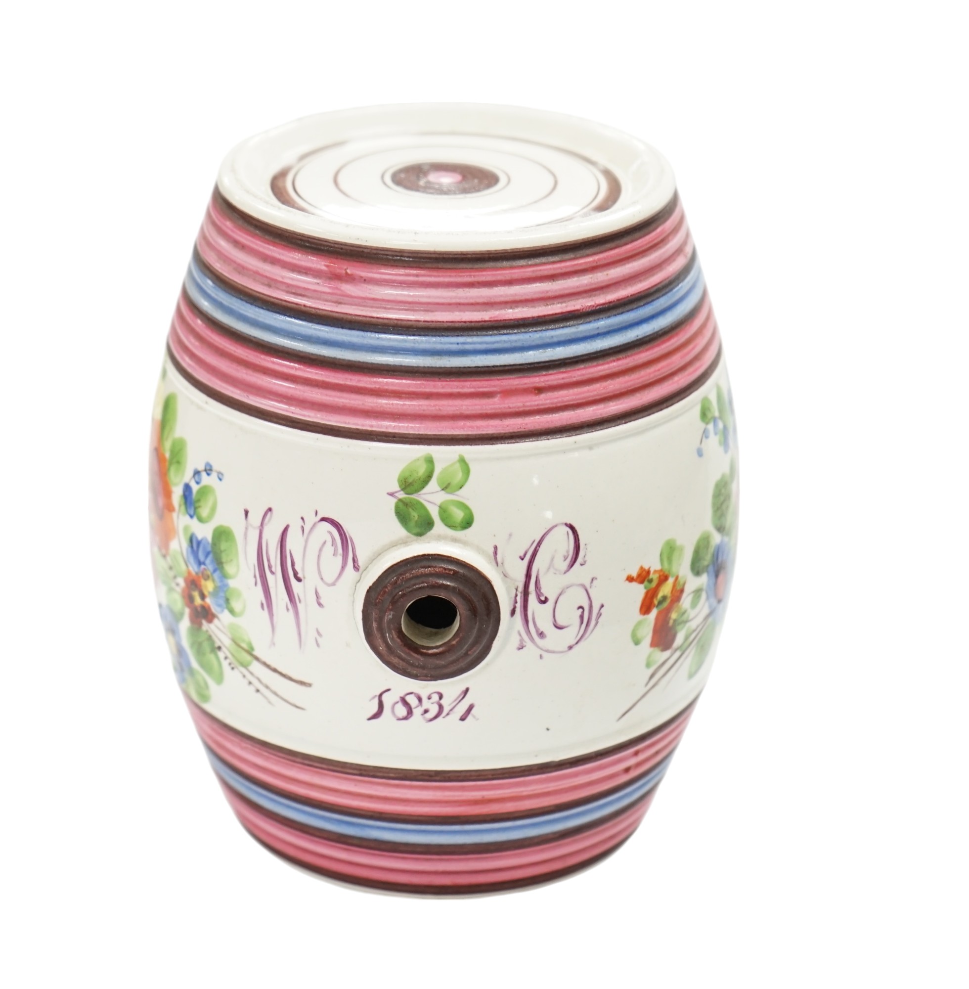 A small Victorian dated spirit barrel dated 1834, decorated with flowers and a monogram, 12cm high. Condition - good                                                                                                        