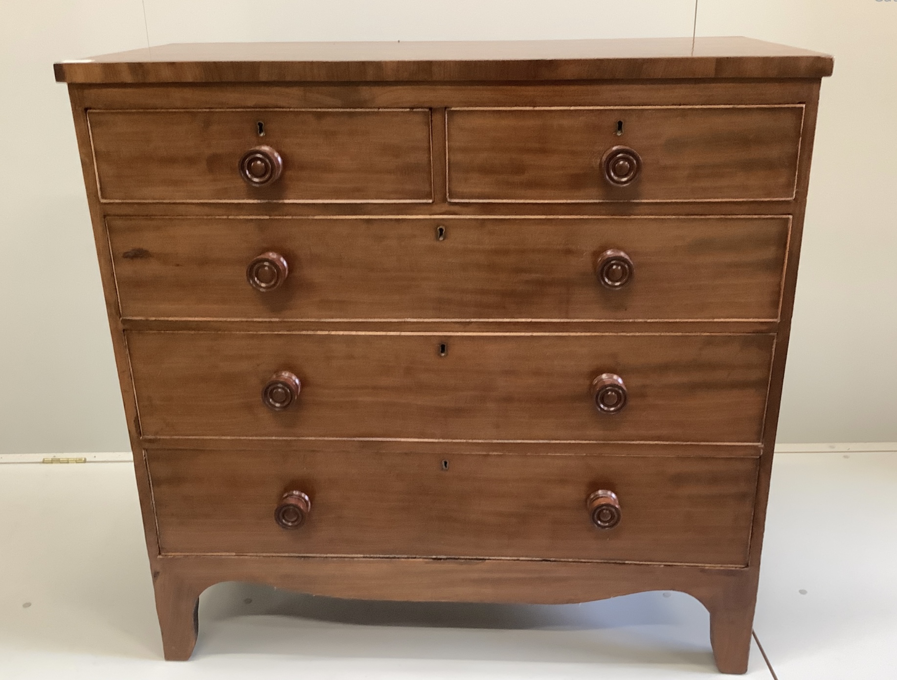 A Regency mahogany five drawer chest, width 104cm, depth 46cm, height 103cm                                                                                                                                                 