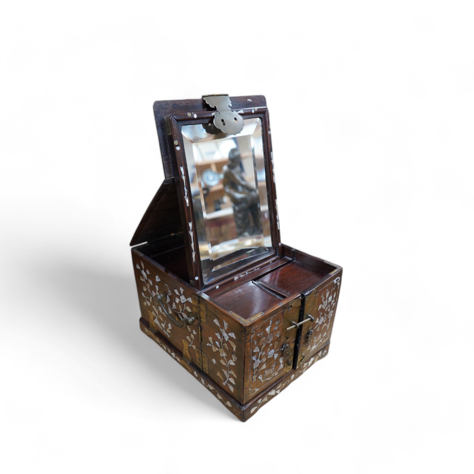 A 19th century Chinese hongmu and mother of pearl vanity case, 33cm long. Condition - fair to good                                                                                                                          